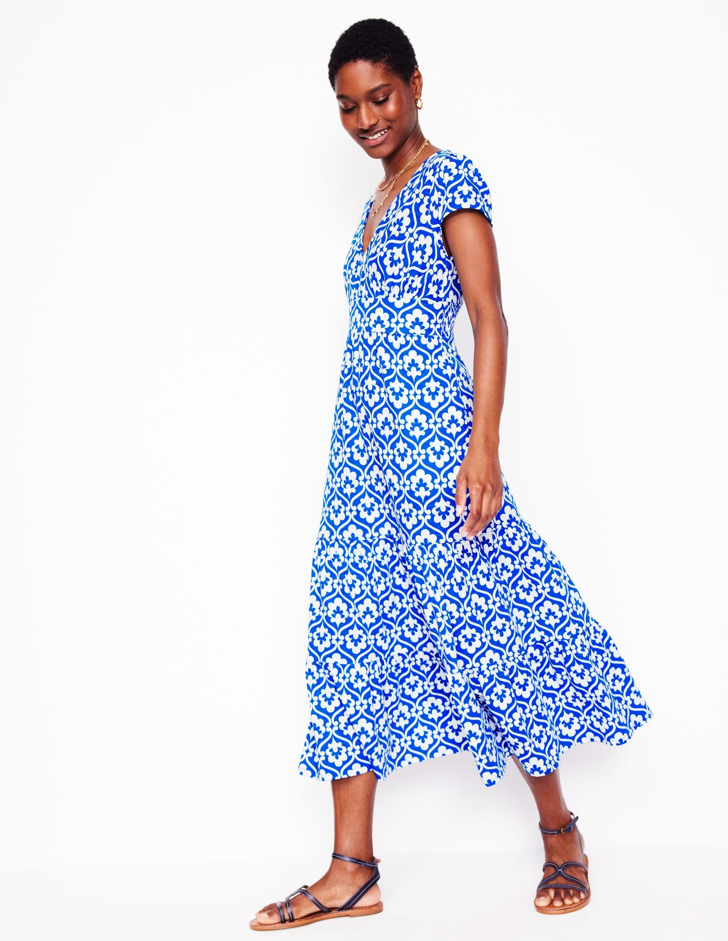 Eloise Tiered Jersey Dress-Gallery Blue, Ivy Trellis