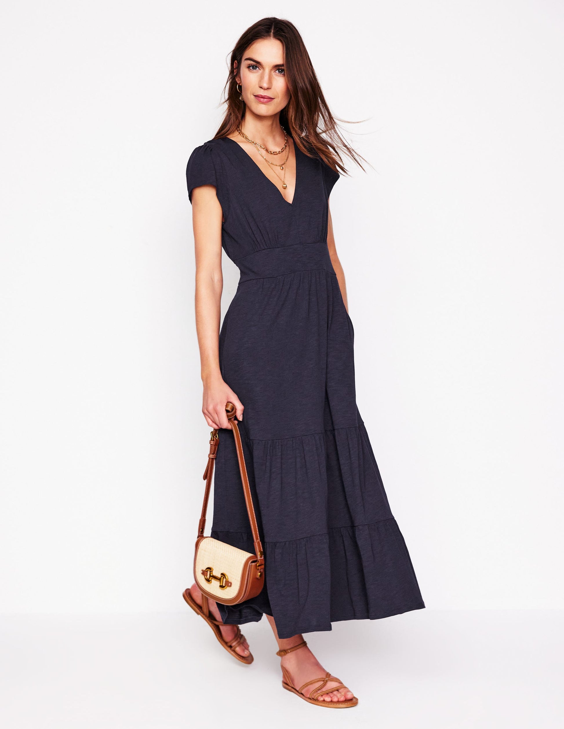 Eloise Tiered Jersey Dress-Navy-1