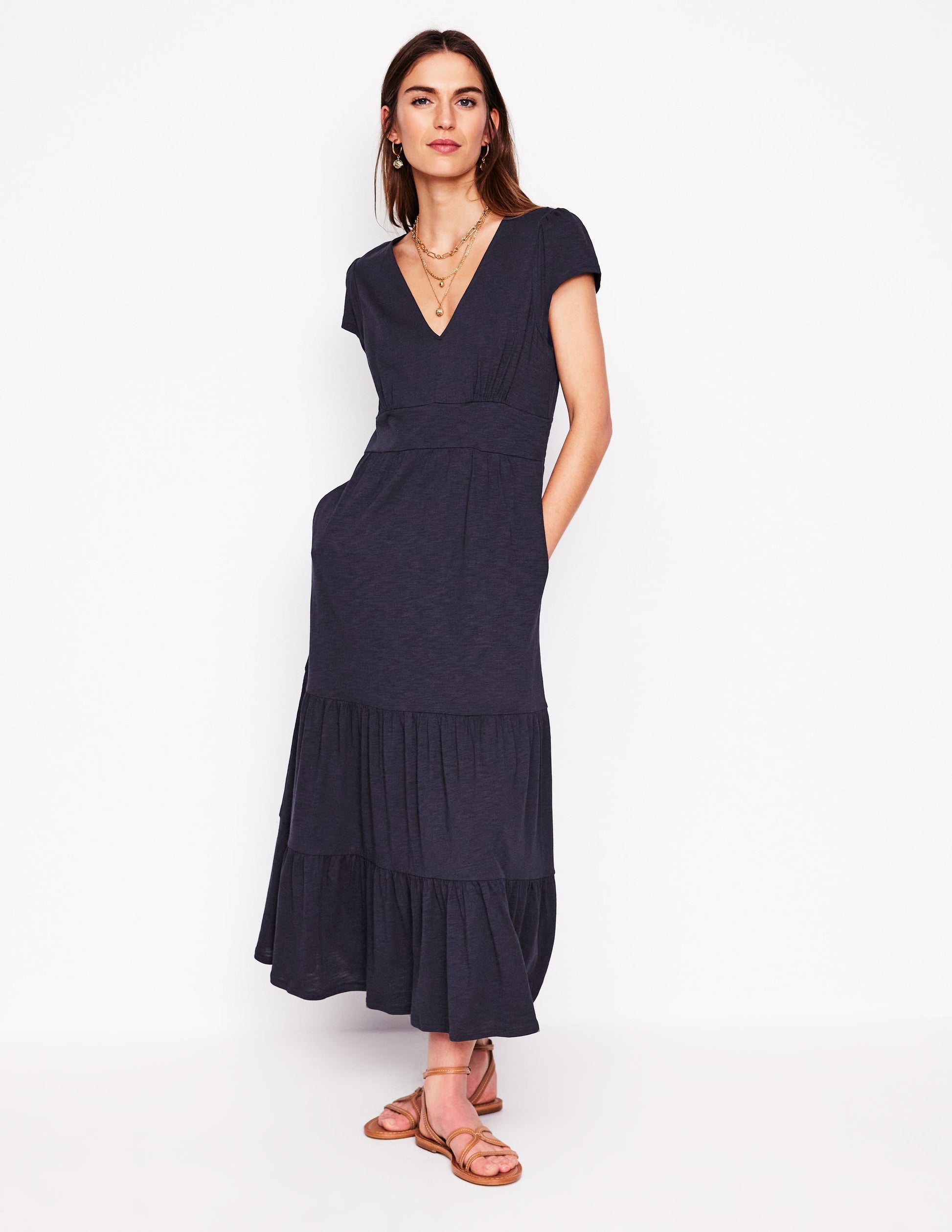 Eloise Tiered Jersey Dress-Navy-4