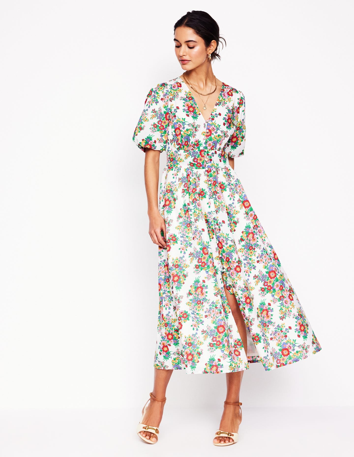 Lillian Cotton Midi Dress-Multi, Bouquet Cluster