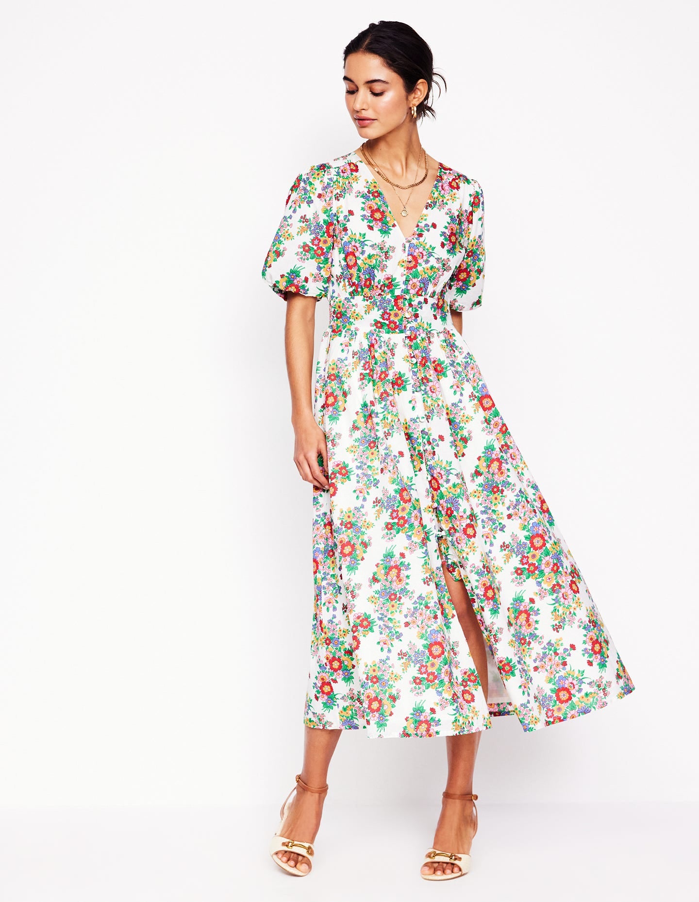 Lillian Cotton Midi Dress-Multi, Bouquet Cluster - Image 1