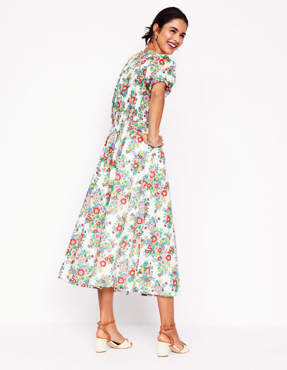 Lillian Cotton Midi Dress-Multi, Bouquet Cluster