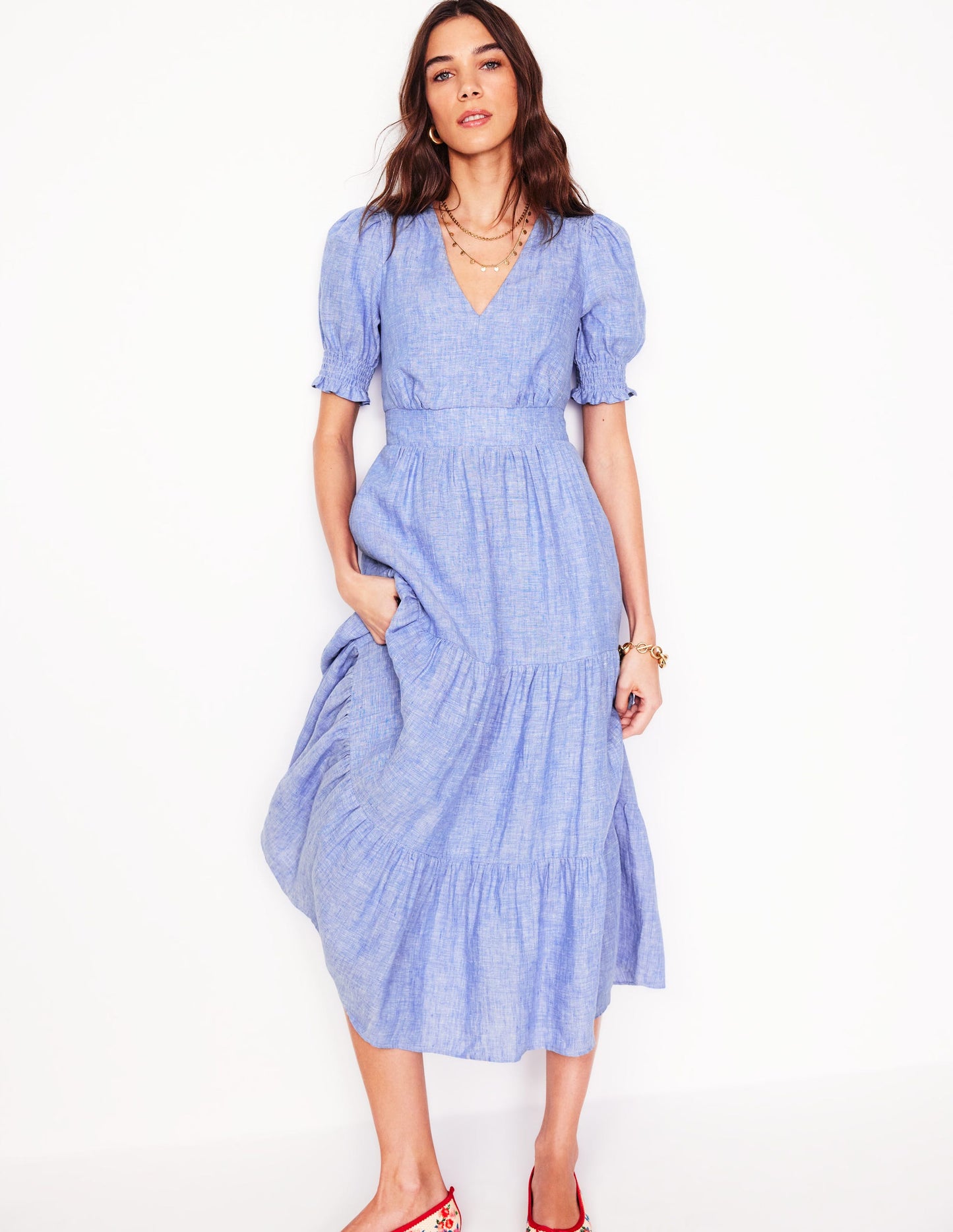 Anna Linen Tiered Midi Dress-Summer Blue Chambray