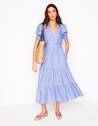 Anna Linen Tiered Midi Dress-Summer Blue Chambray