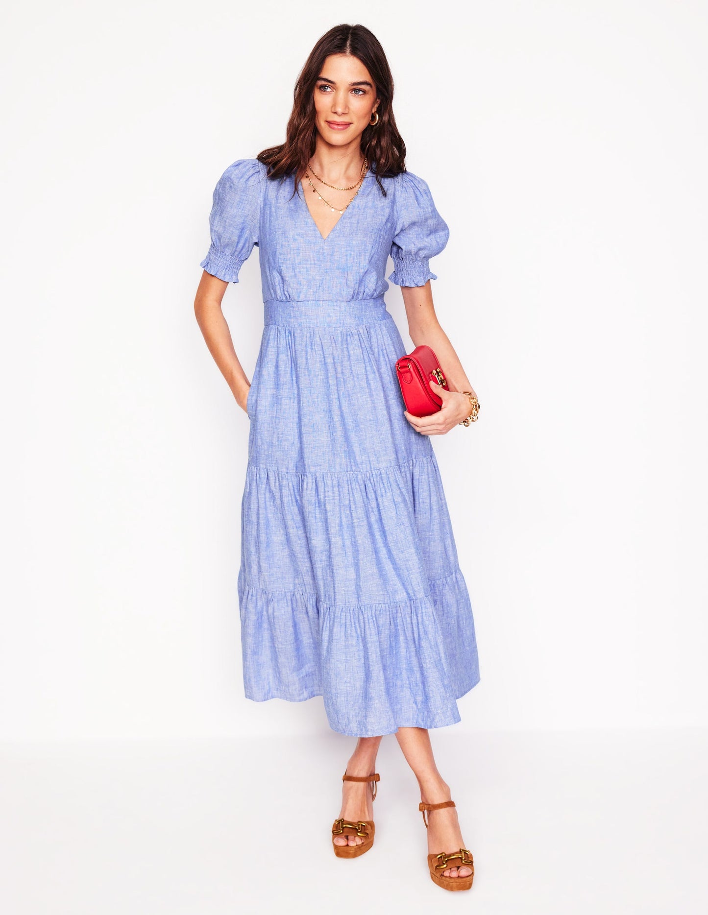 Anna Linen Tiered Midi Dress-Summer Blue Chambray