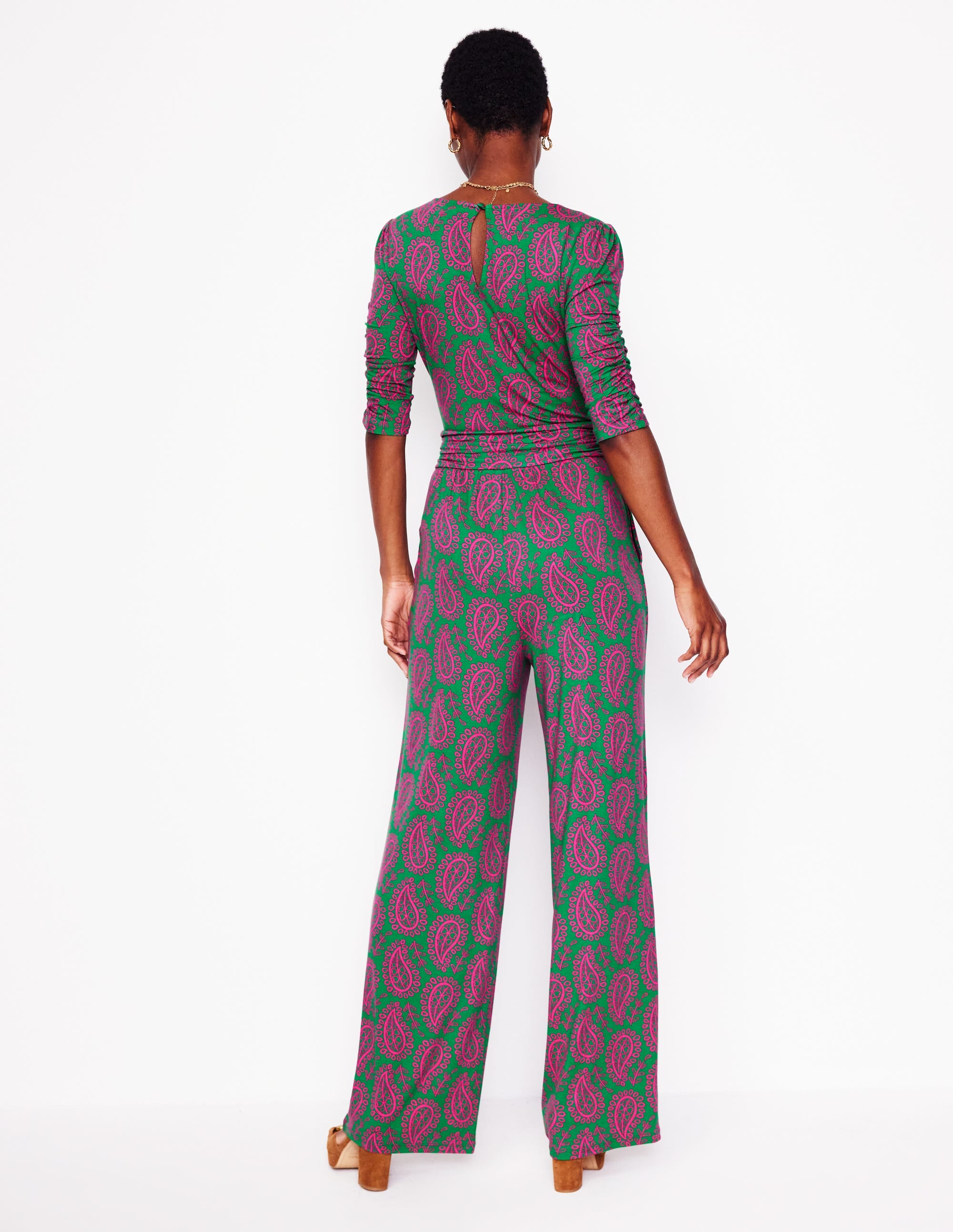 Ruched Waist Jumpsuit-Green, Paisley Heart - Image 2