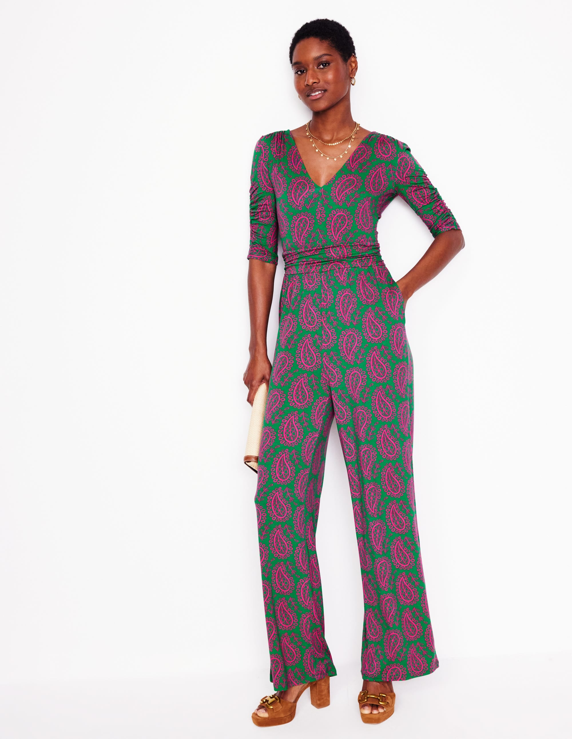 Ruched Waist Jumpsuit-Green, Paisley Heart - Image 3