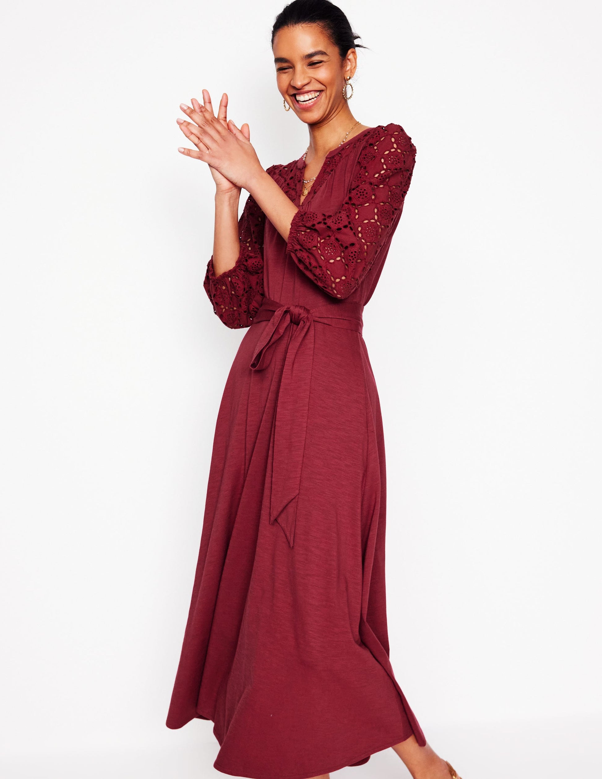 Eden Broderie Jersey Dress-Garnet Red | Boden Global Eden Broderie Jersey Dress-Garnet Red | Boden Global