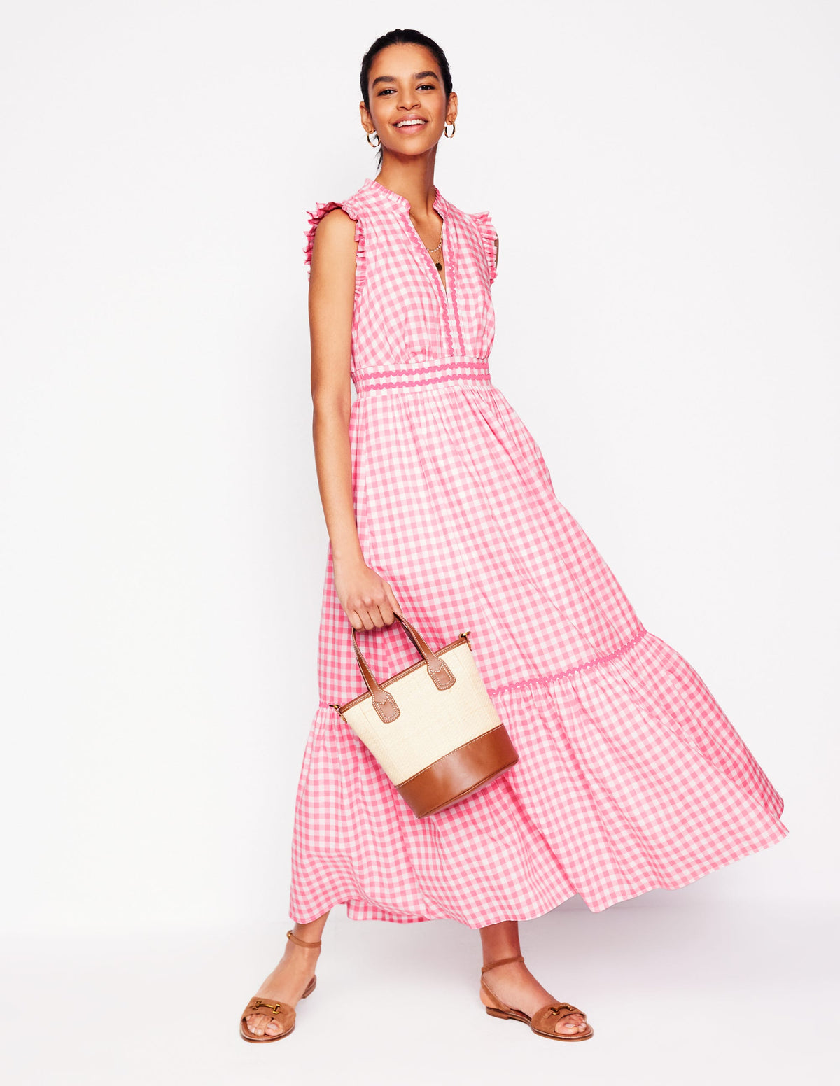 Wren Tiered Midi Dress-Salmon Pink Gingham - Image 1