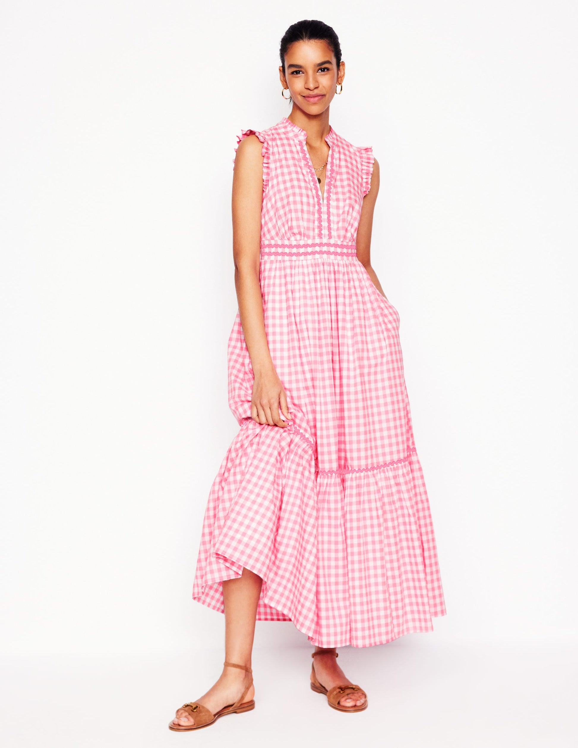 Wren Tiered Midi Dress-Salmon Pink Gingham-4