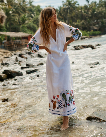 Embroidered Linen Tassel Dress-Ivory-6