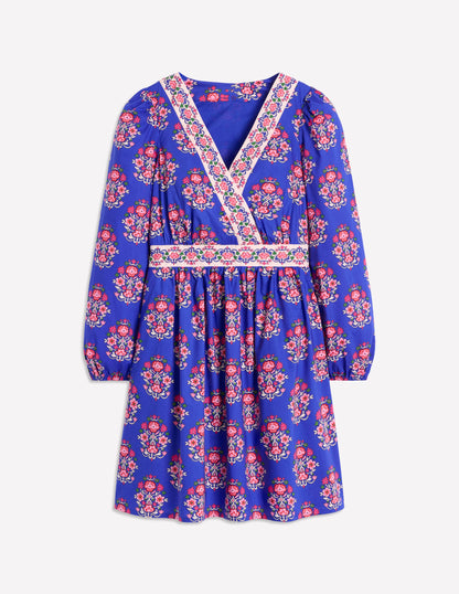 Mya Cotton Short Dress-Bright Blue, Wildflower Stamp-4