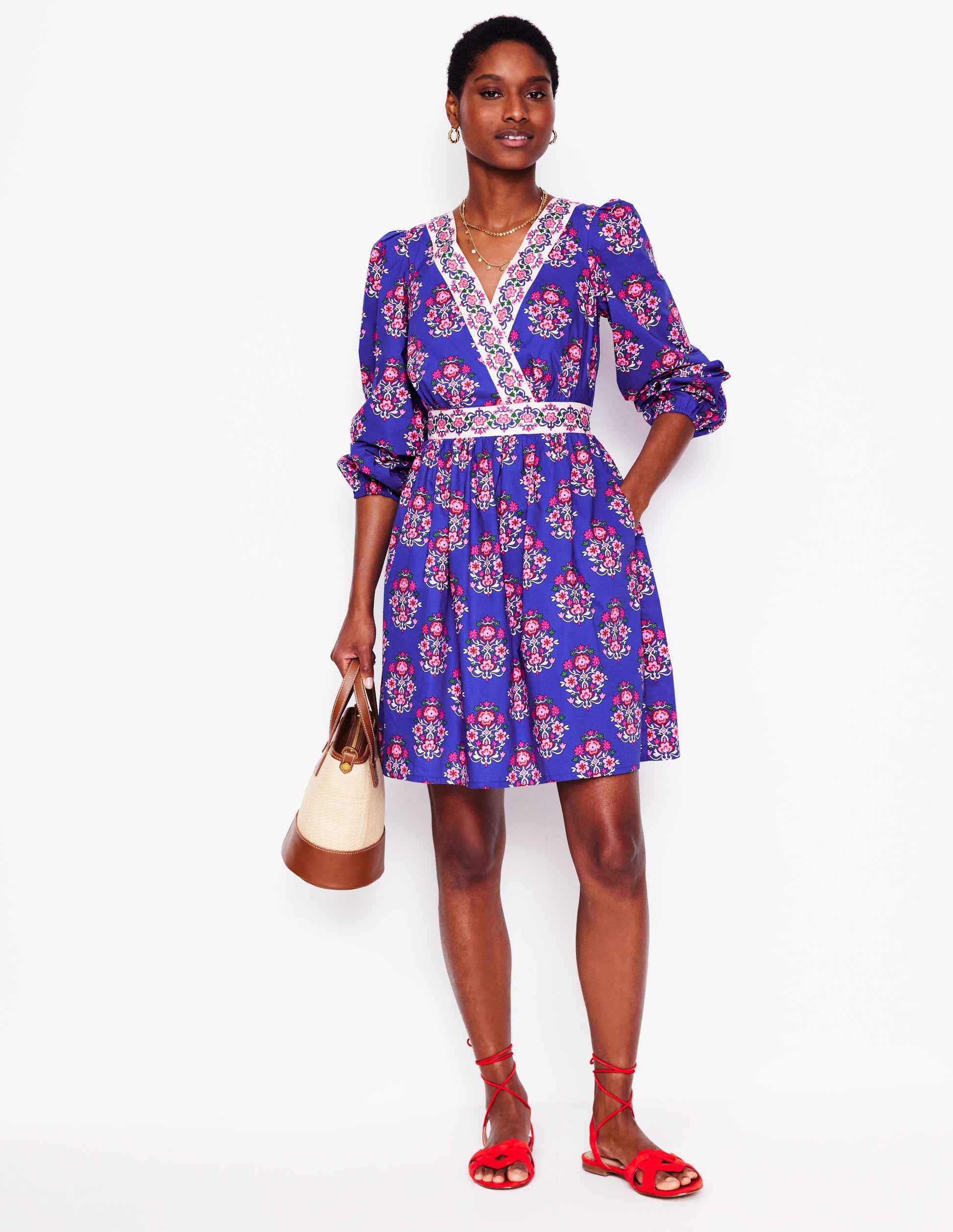 Mya Cotton Short Dress-Bright Blue, Wildflower Stamp-1