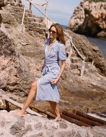 Ada Double Cloth Midi Dress-Bright Blue Stripe