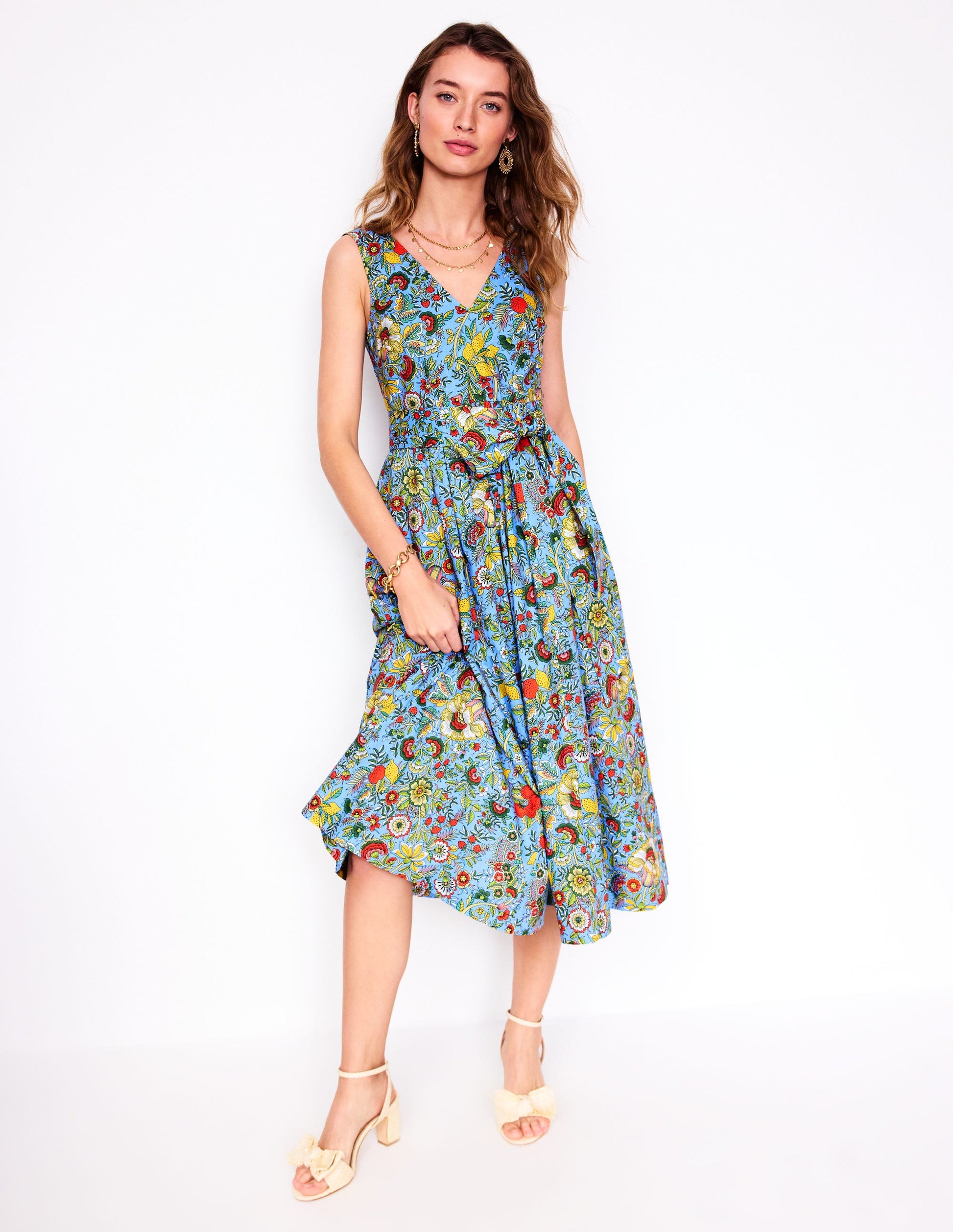 V-Neck Belted Flare Dress-Multi, Citrus Vine | Boden Global V-Neck Belted Flare Dress-Multi, Citrus Vine | Boden Global