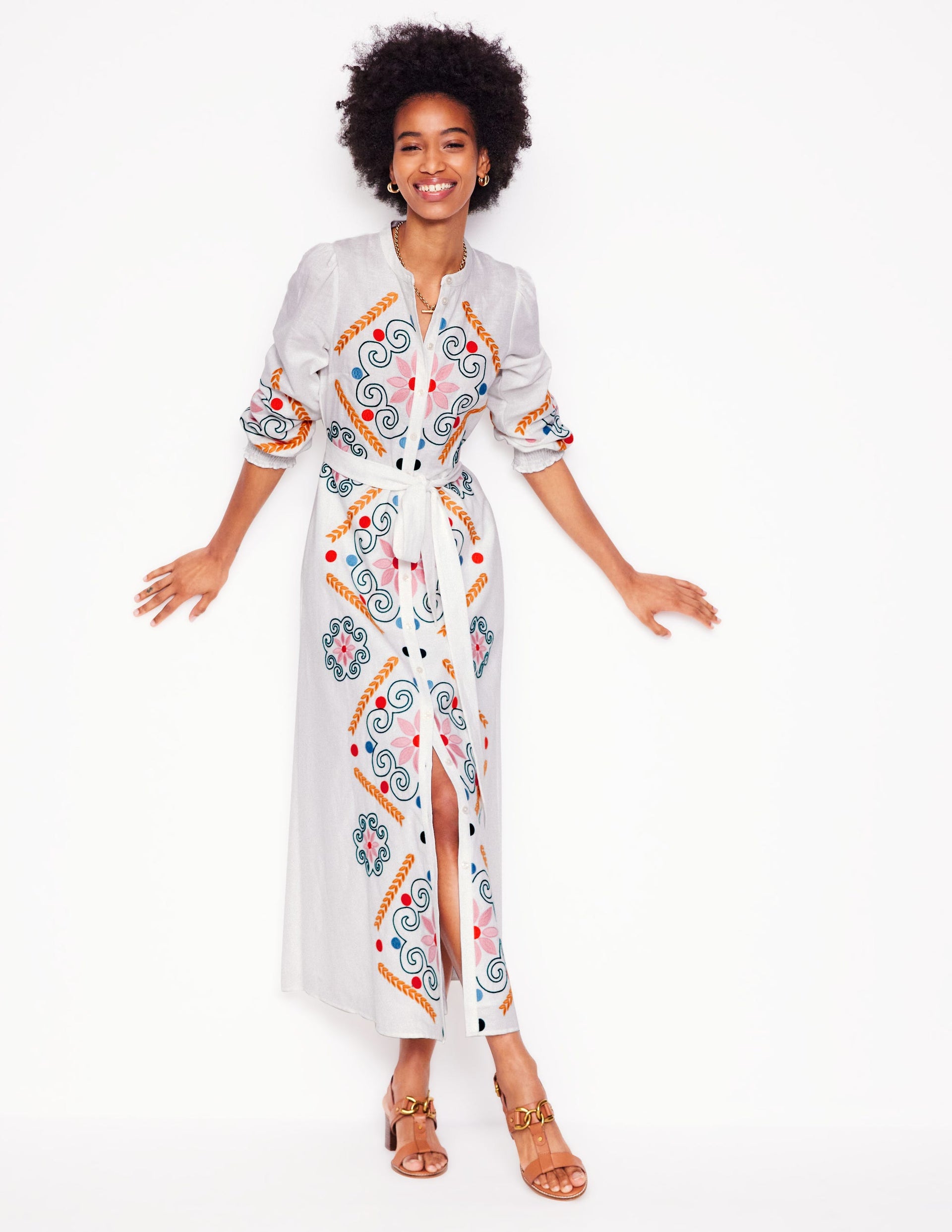 green emerald velvet dress Ruby Linen Blend Shirt Dress-White Embroidery