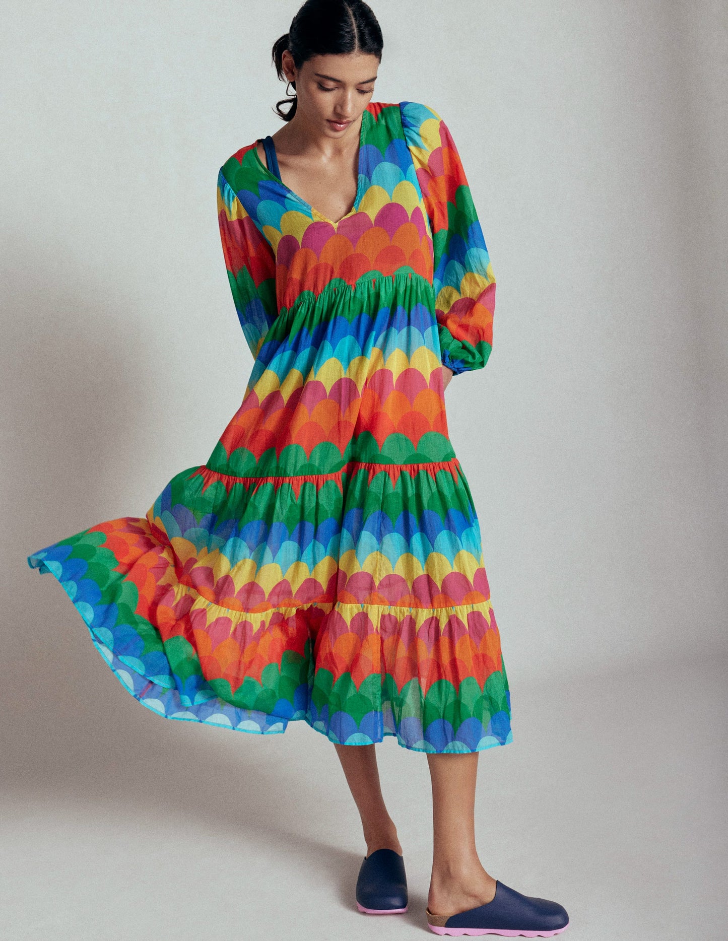 V-Neck Tiered Cotton Kaftan-Multi, Scallop Stripe