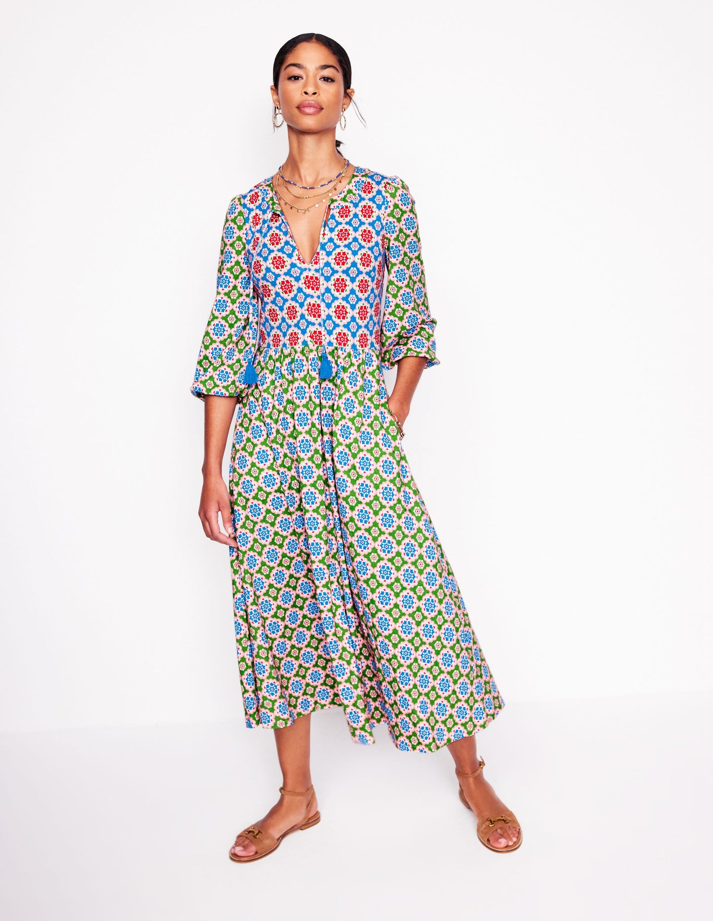 Notch Neck Midi Dress-Multi, Bloom Geo