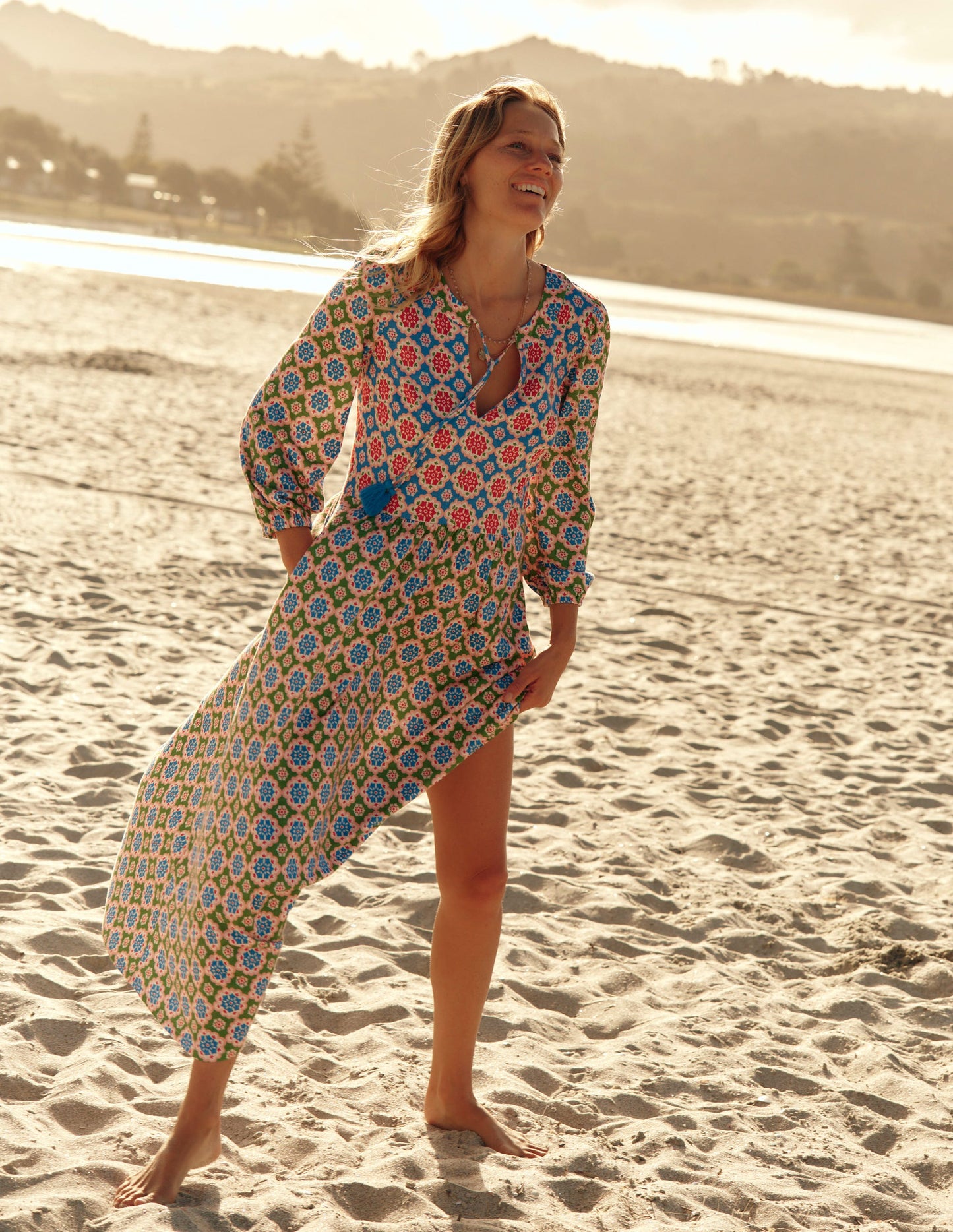 Notch Neck Midi Dress-Multi, Bloom Geo