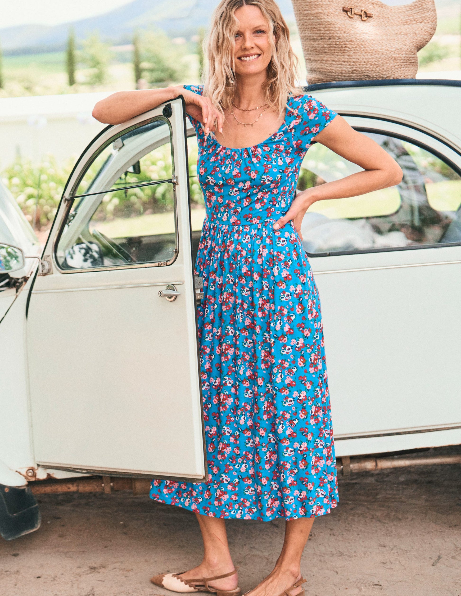 Samantha Scoop Jersey Dress-Cerulean Blue, Painterly Posy-2