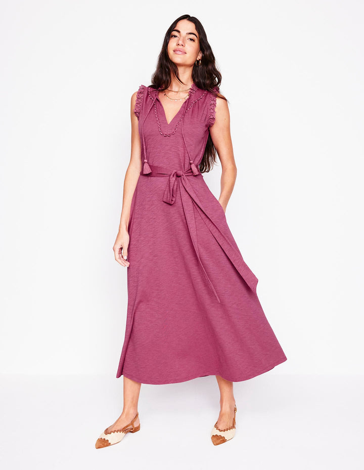 Aria Broderie Trim Midi Dress-Plum Purple