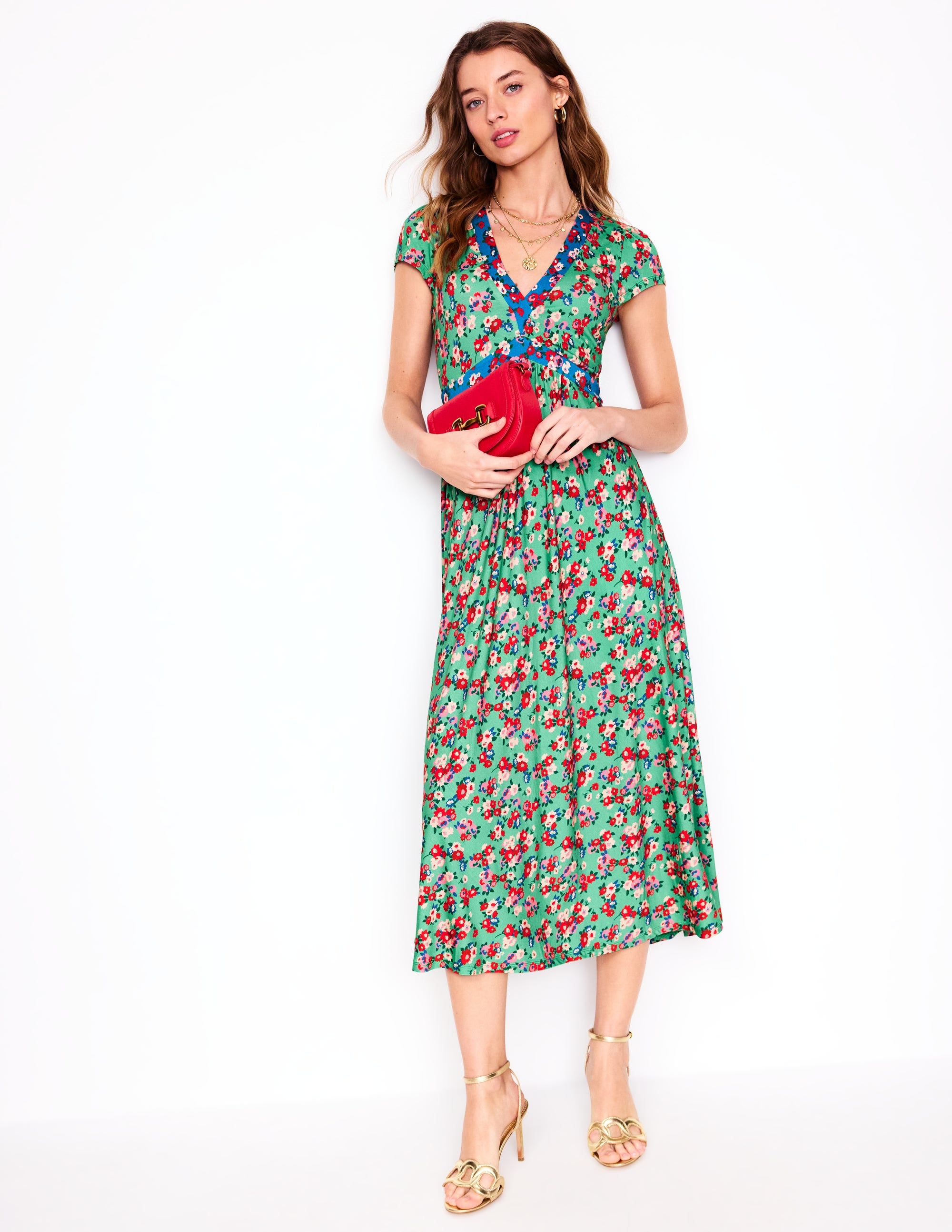 Bias Cut Jersey Midi Dress-Jade, Painterly Posy - Image 1