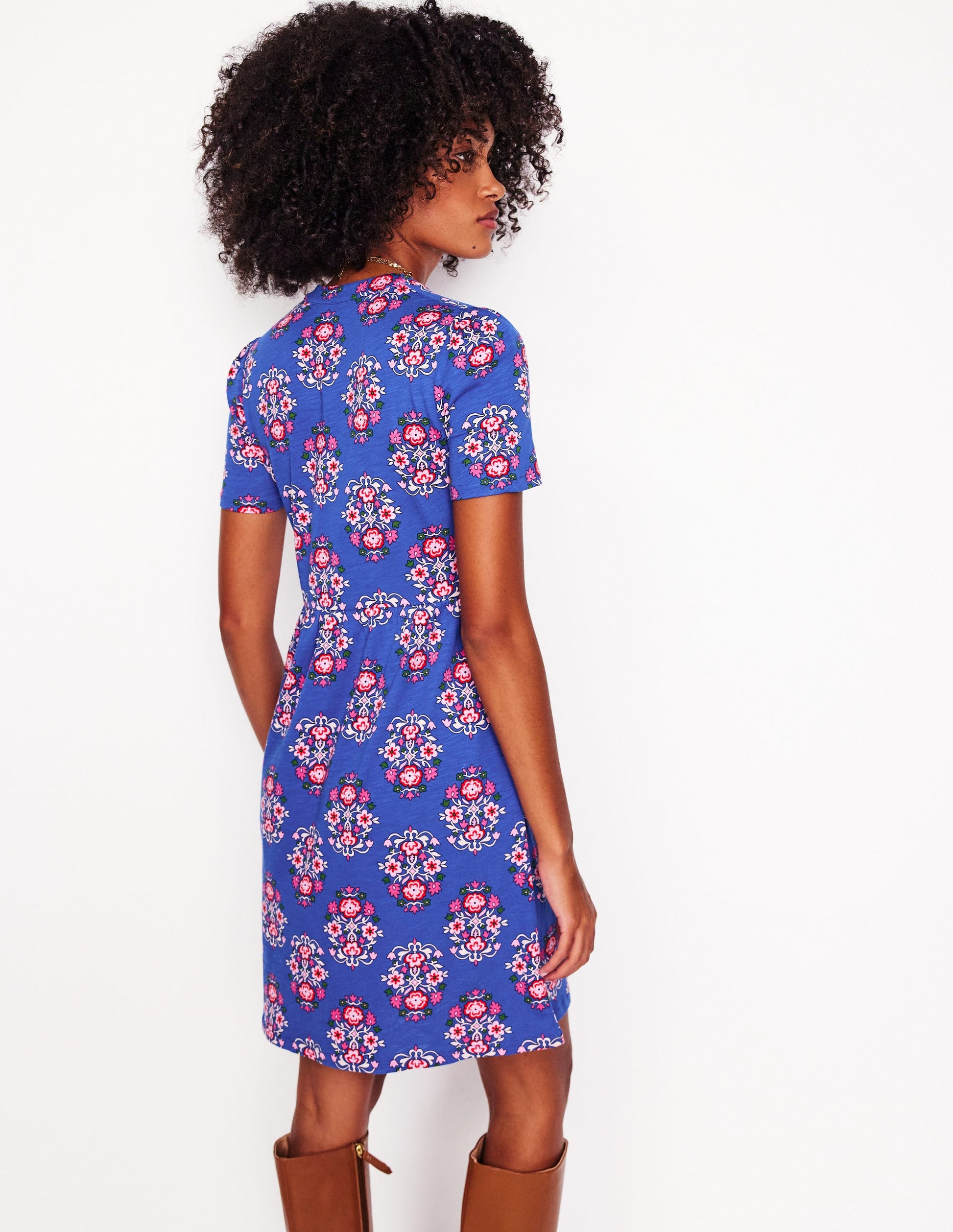Naomi Short Sleeve Dress-Bright Blue, Wildflower Stamp-4