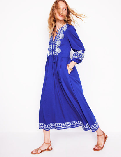 Embroidered Notch Neck Dress-Bright Blue, Ivory-1