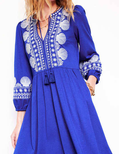 Embroidered Notch Neck Dress-Bright Blue, Ivory-2