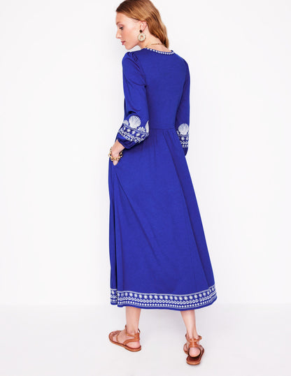Embroidered Notch Neck Dress-Bright Blue, Ivory-3