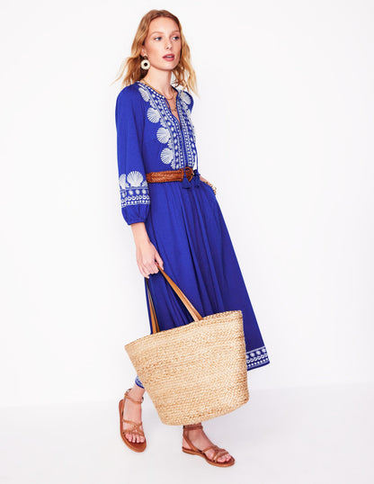 Embroidered Notch Neck Dress-Bright Blue, Ivory-4