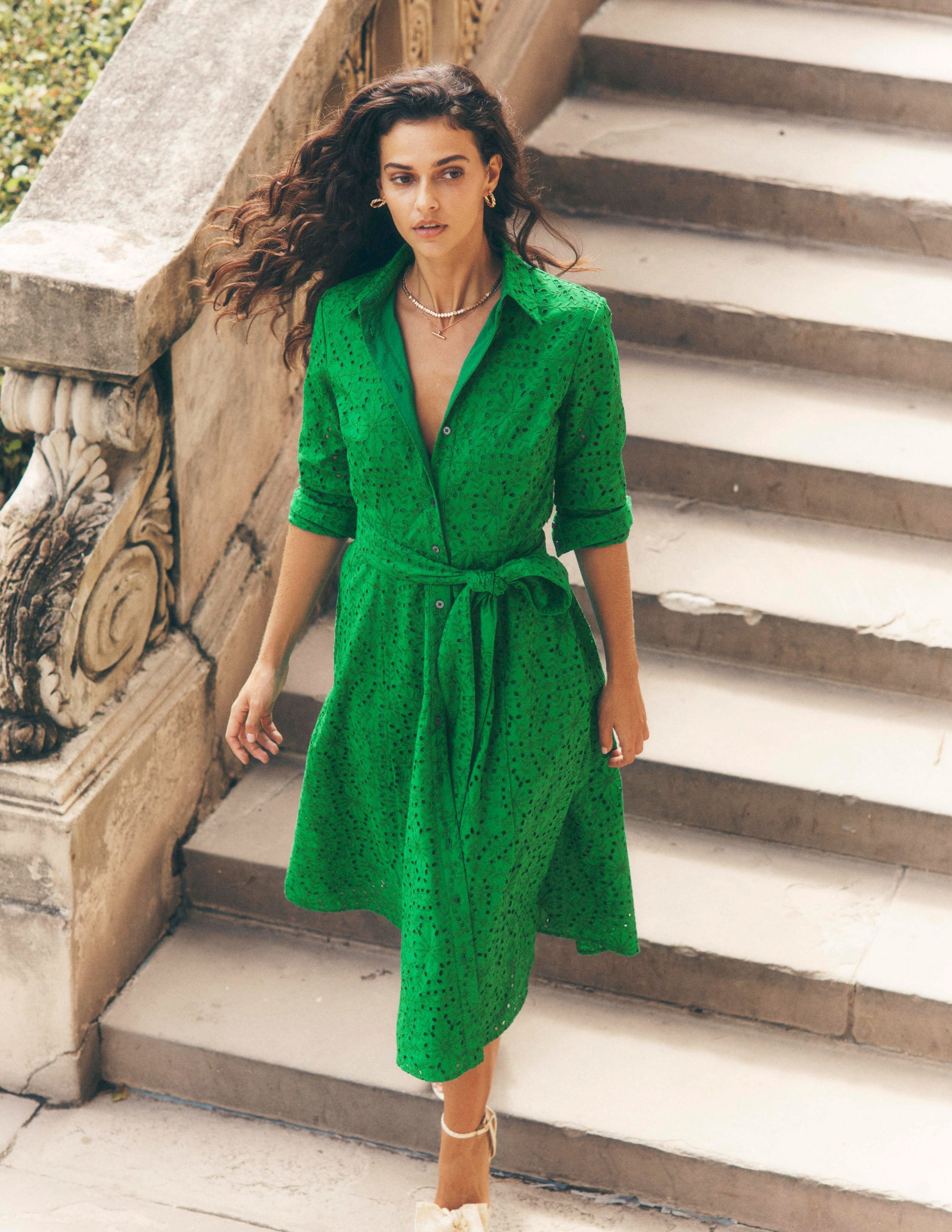 Amy Broderie Midi Shirt Dress-Rich Emerald-5