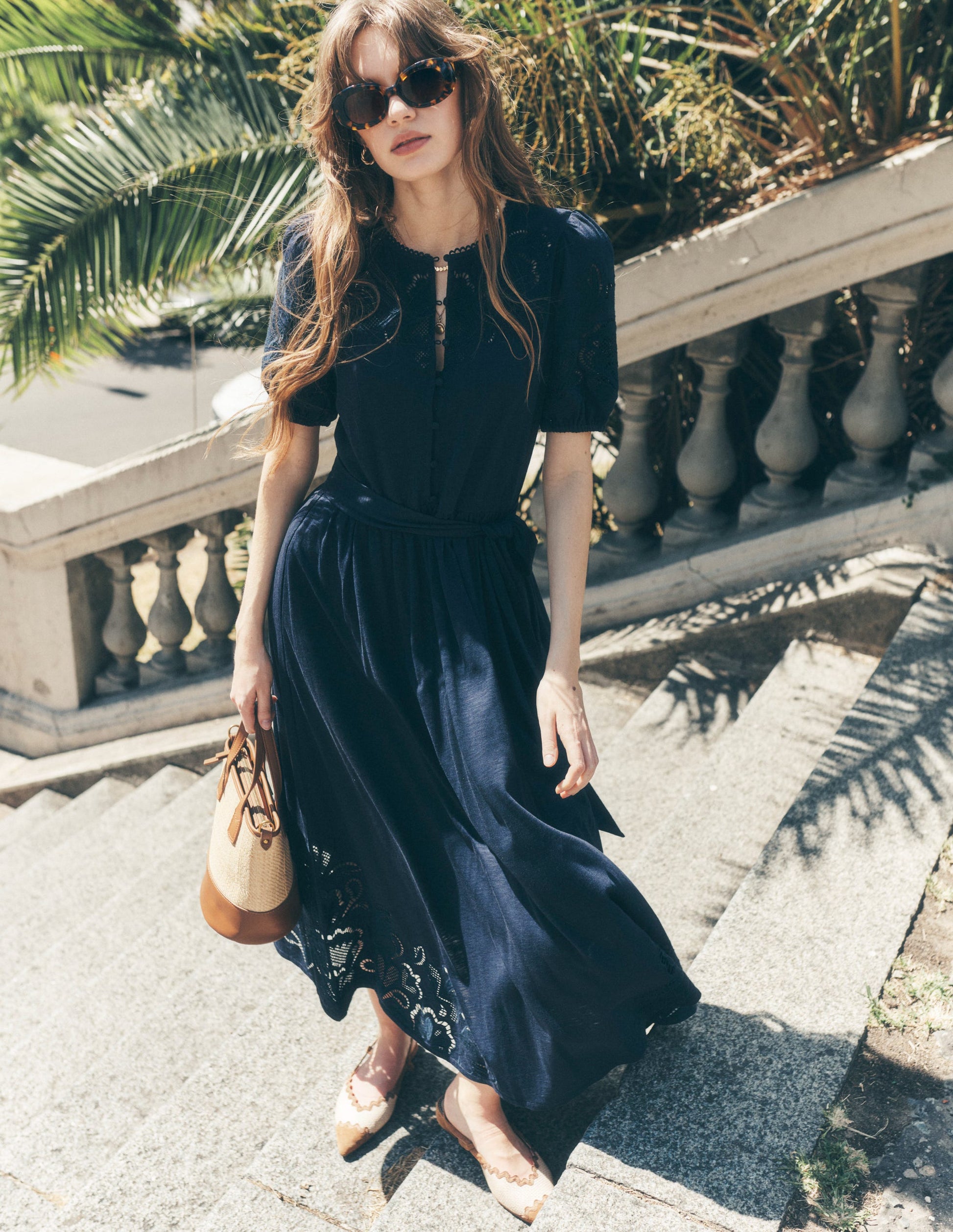 Cutwork Detail Midi Dress-Navy-5