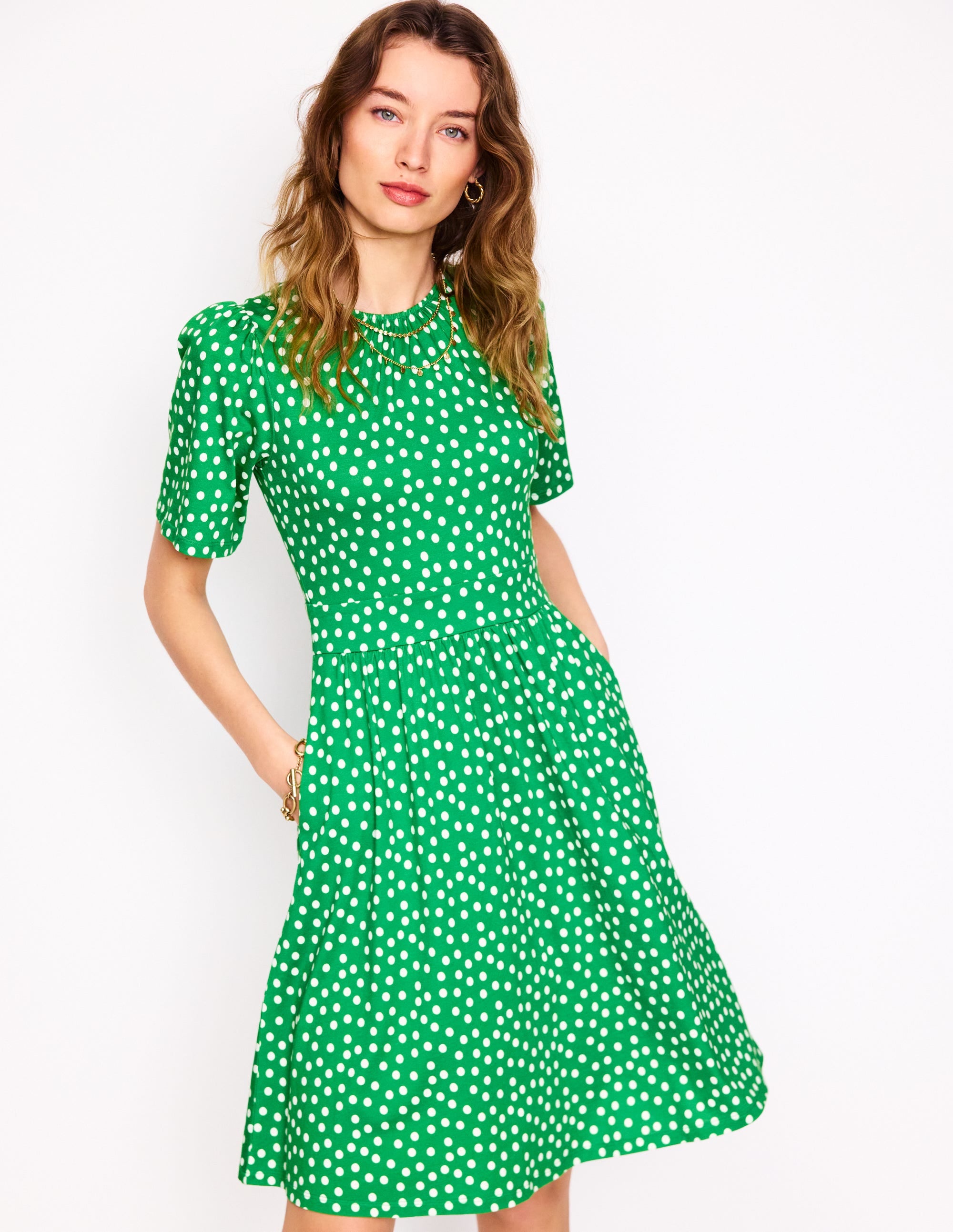 Louisa Short Jersey Dress-Lime Juice Green, Abstract Dot - Image 4