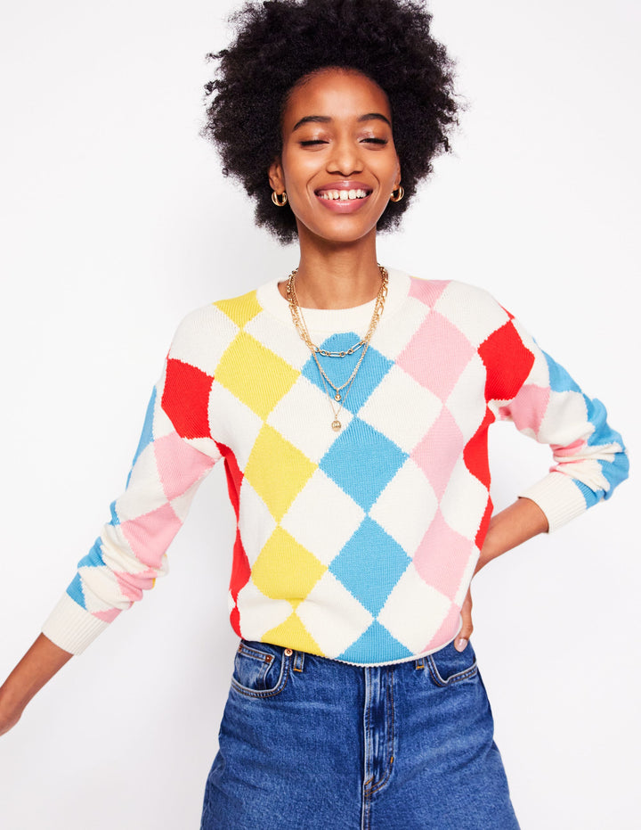 Cotton Argyle Jumper-Pink, Light Blue Argyle