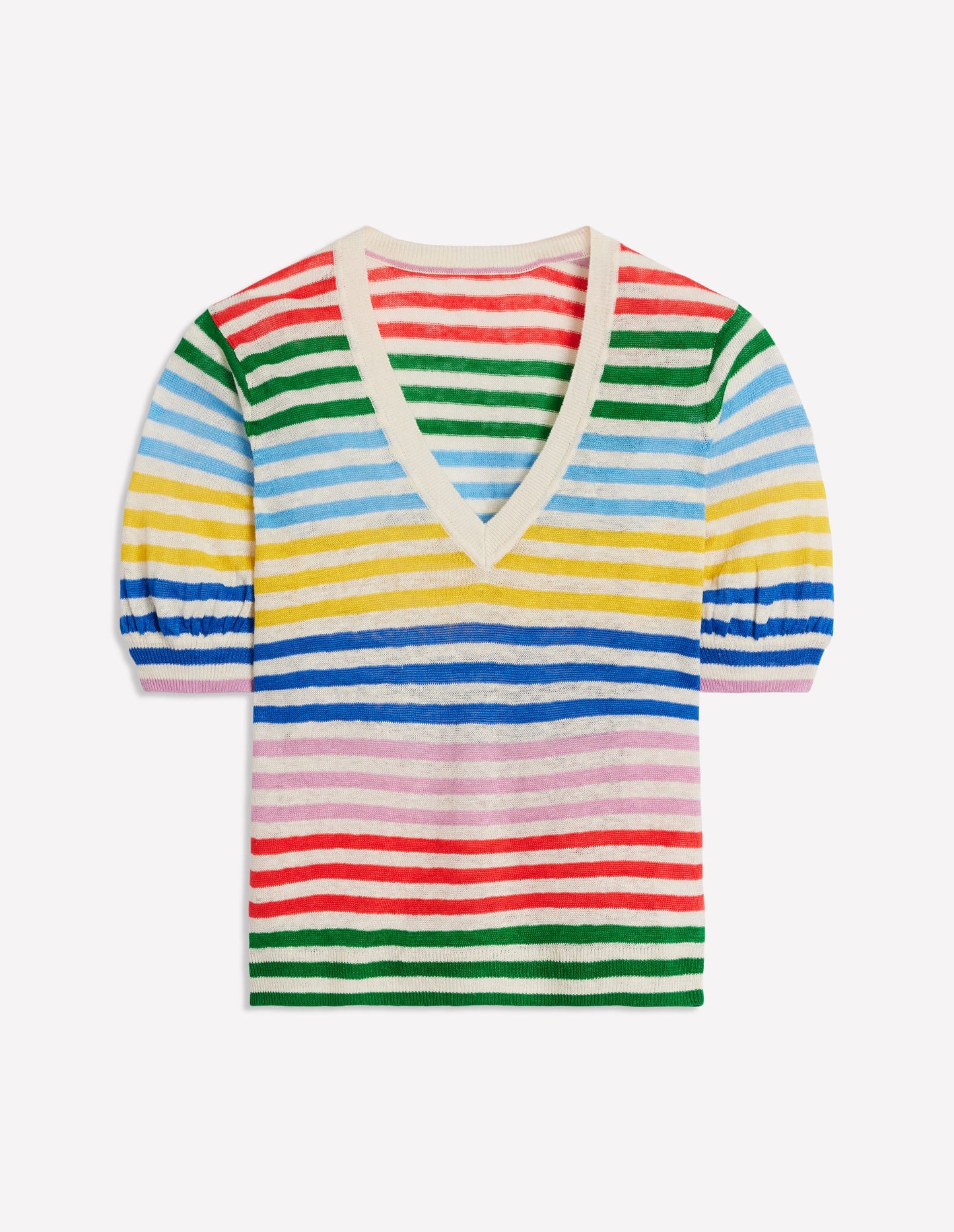 Liv V-Neck Linen T-Shirt-Banded Rainbow Stripe