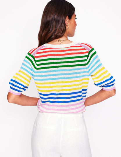 Liv V-Neck Linen T-Shirt-Banded Rainbow Stripe