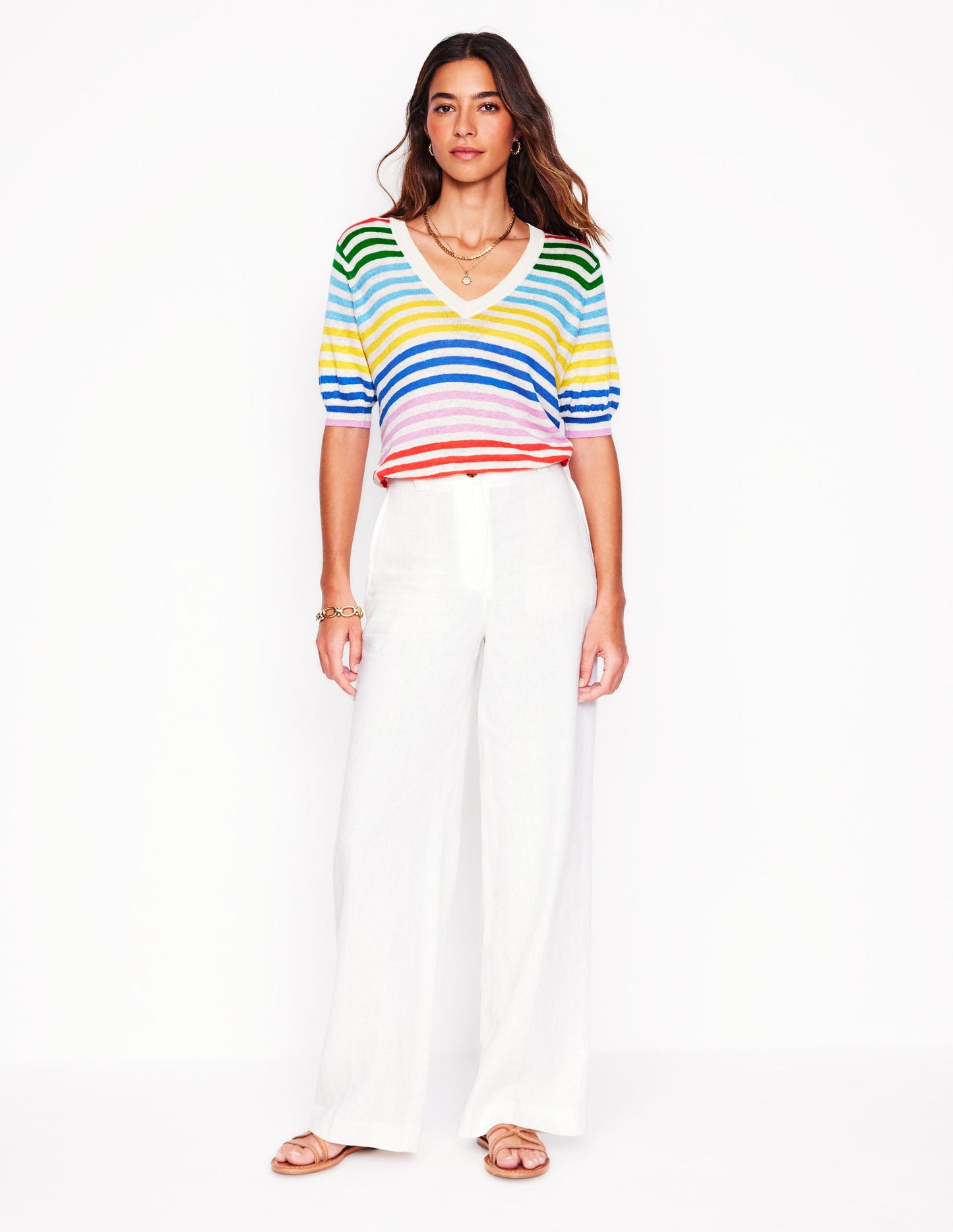 Liv V-Neck Linen T-Shirt-Banded Rainbow Stripe