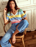 Liv V-Neck Linen T-Shirt-Banded Rainbow Stripe