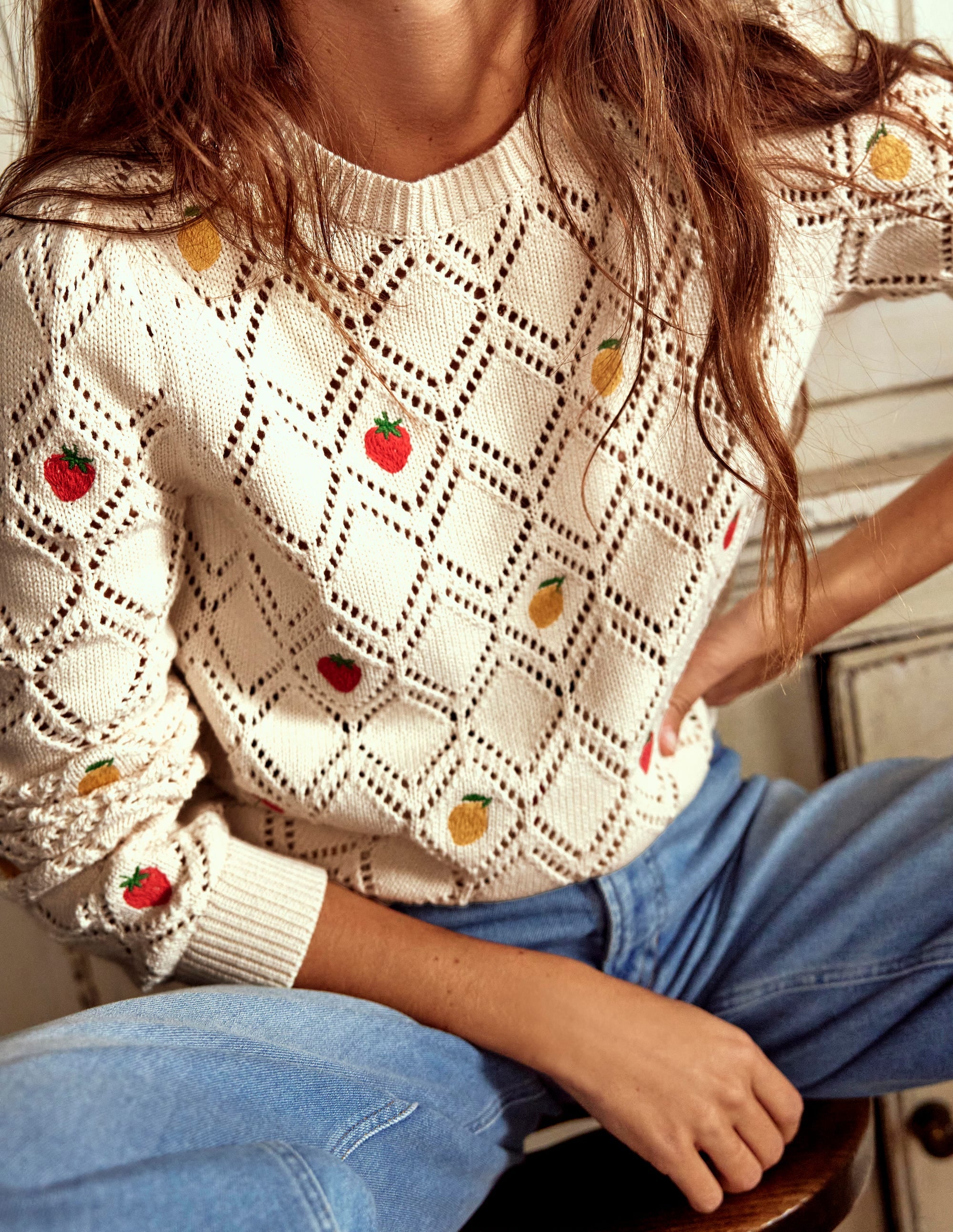 Enid Embroidered Jumper-Warm Ivory, Fruit - Image 6