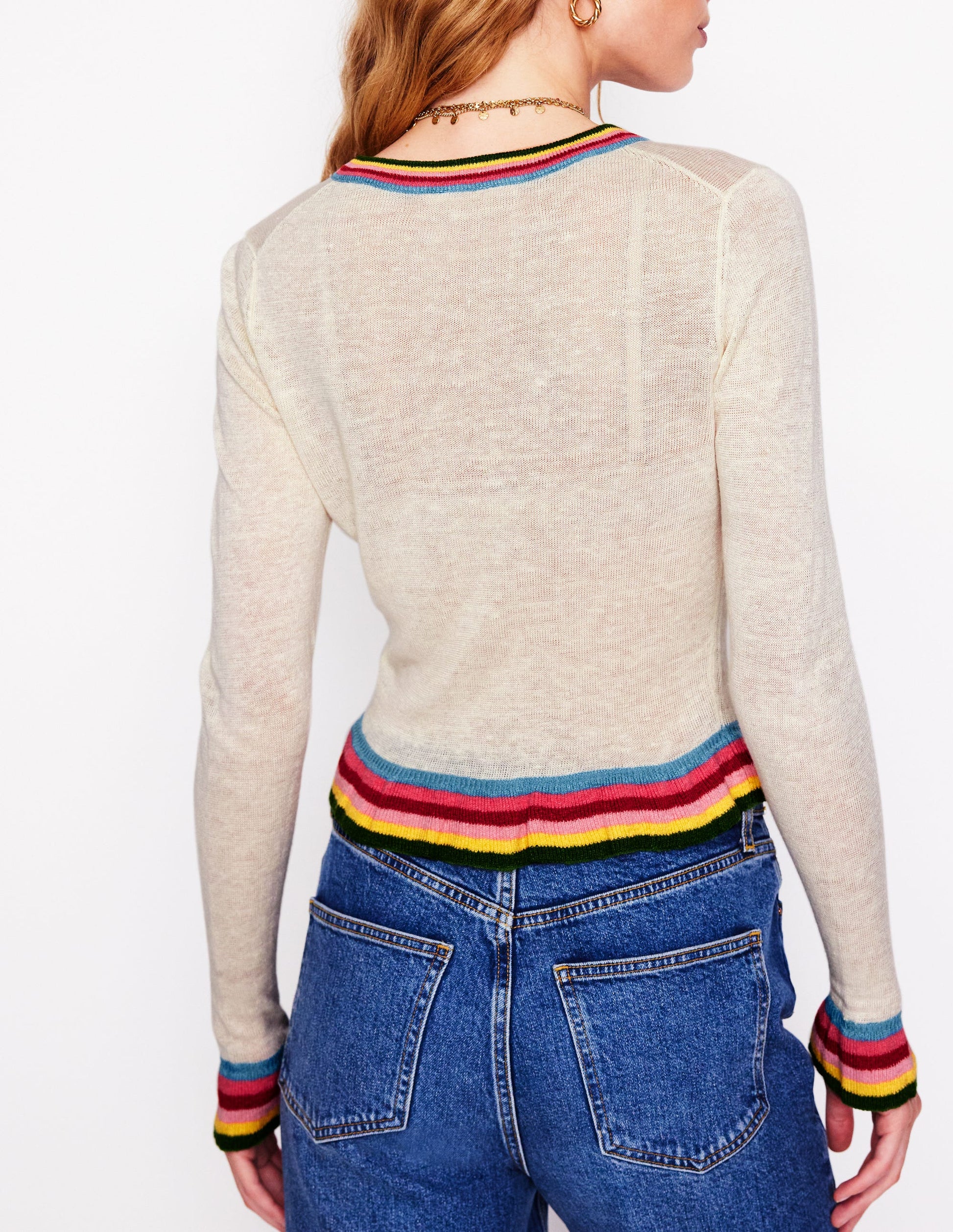 Josie Cropped Linen Cardigan-Warm Ivory, Multi Stripe-3