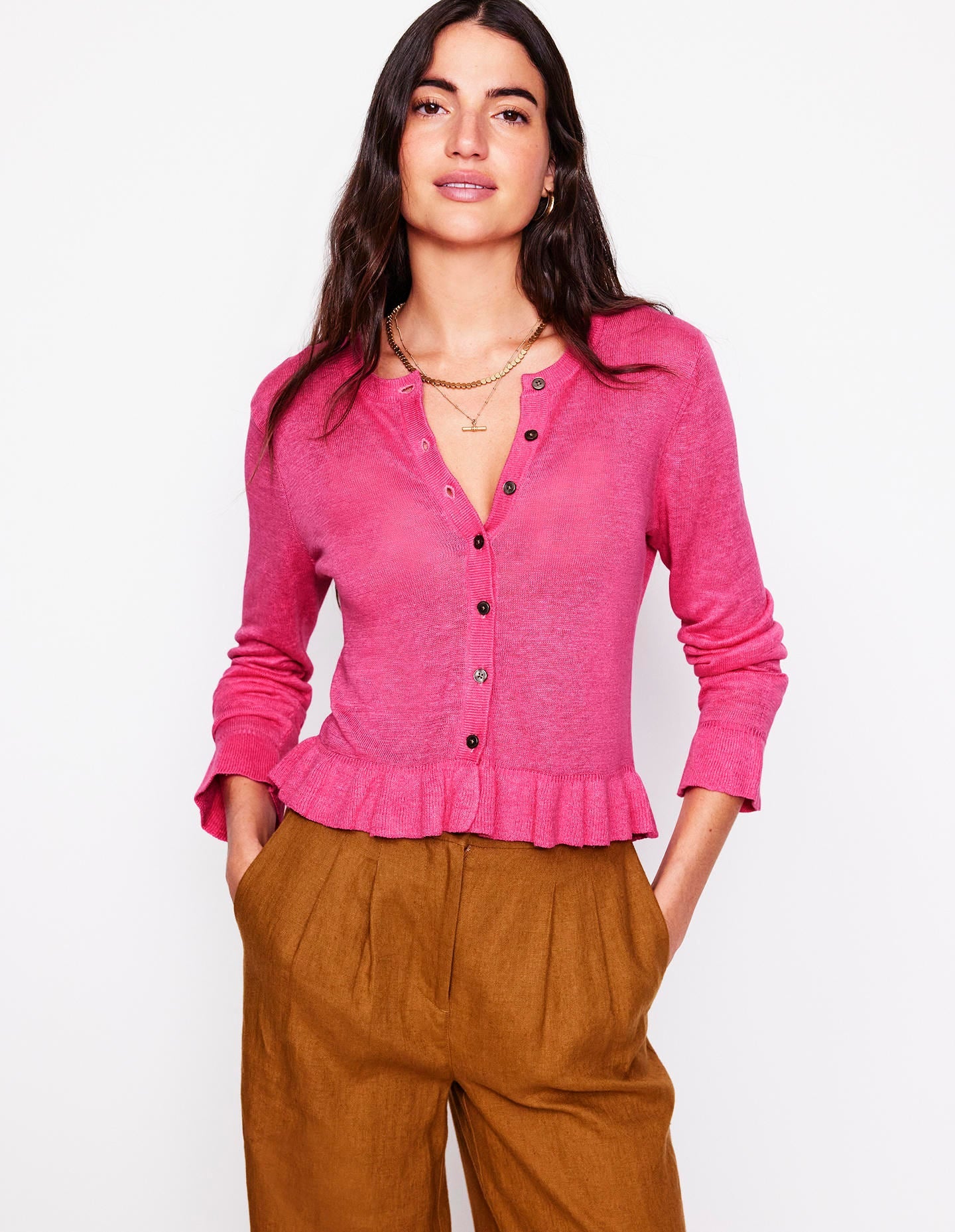 Josie Cropped Linen Cardigan-Sorbet Pink-1