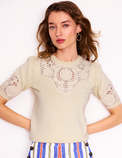 Embroidered Yoke Knitted Tee-Warm Ivory-1