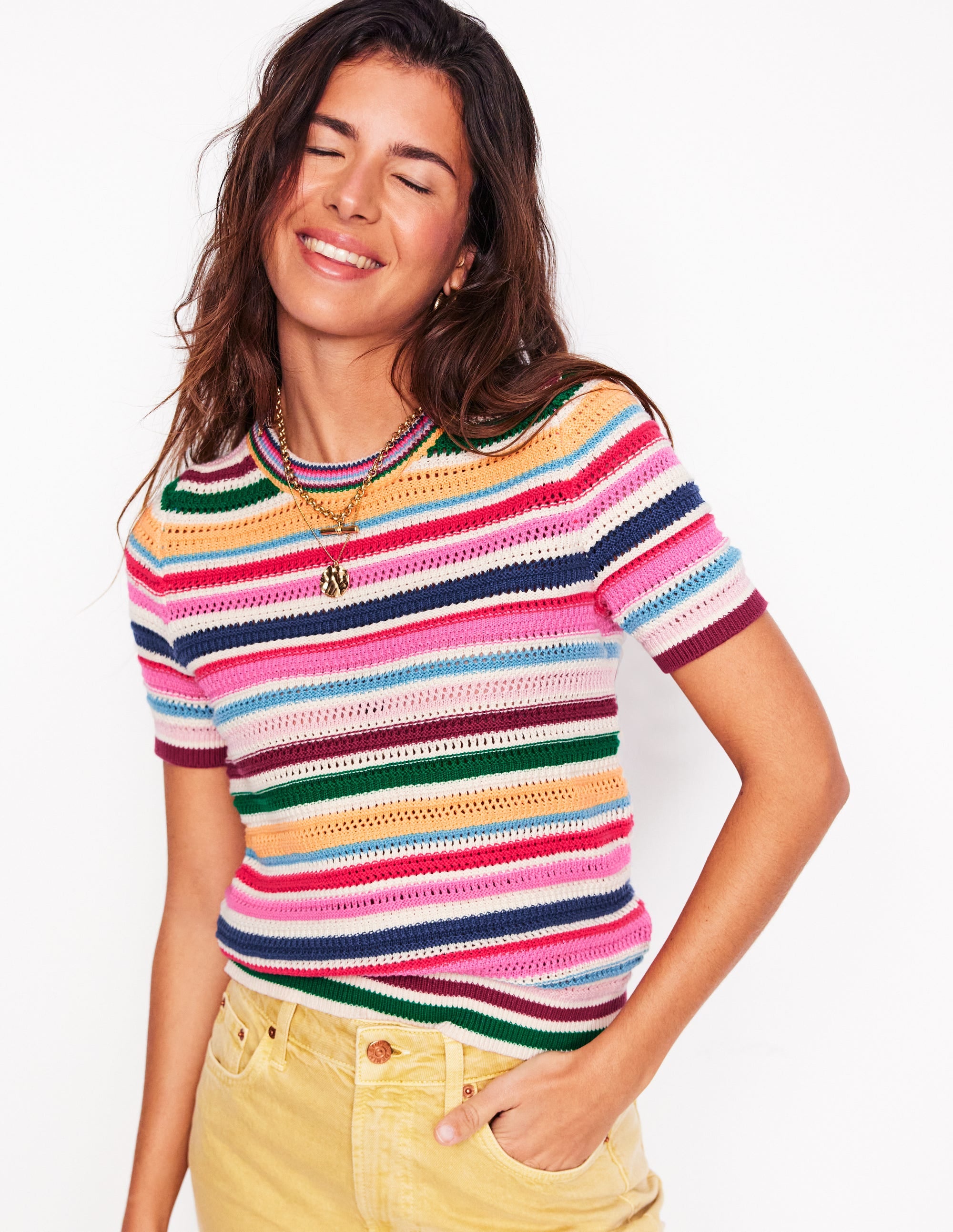 Textured Stitch T-Shirt-Pink Rose, Terracotta Rainbow - Image 1