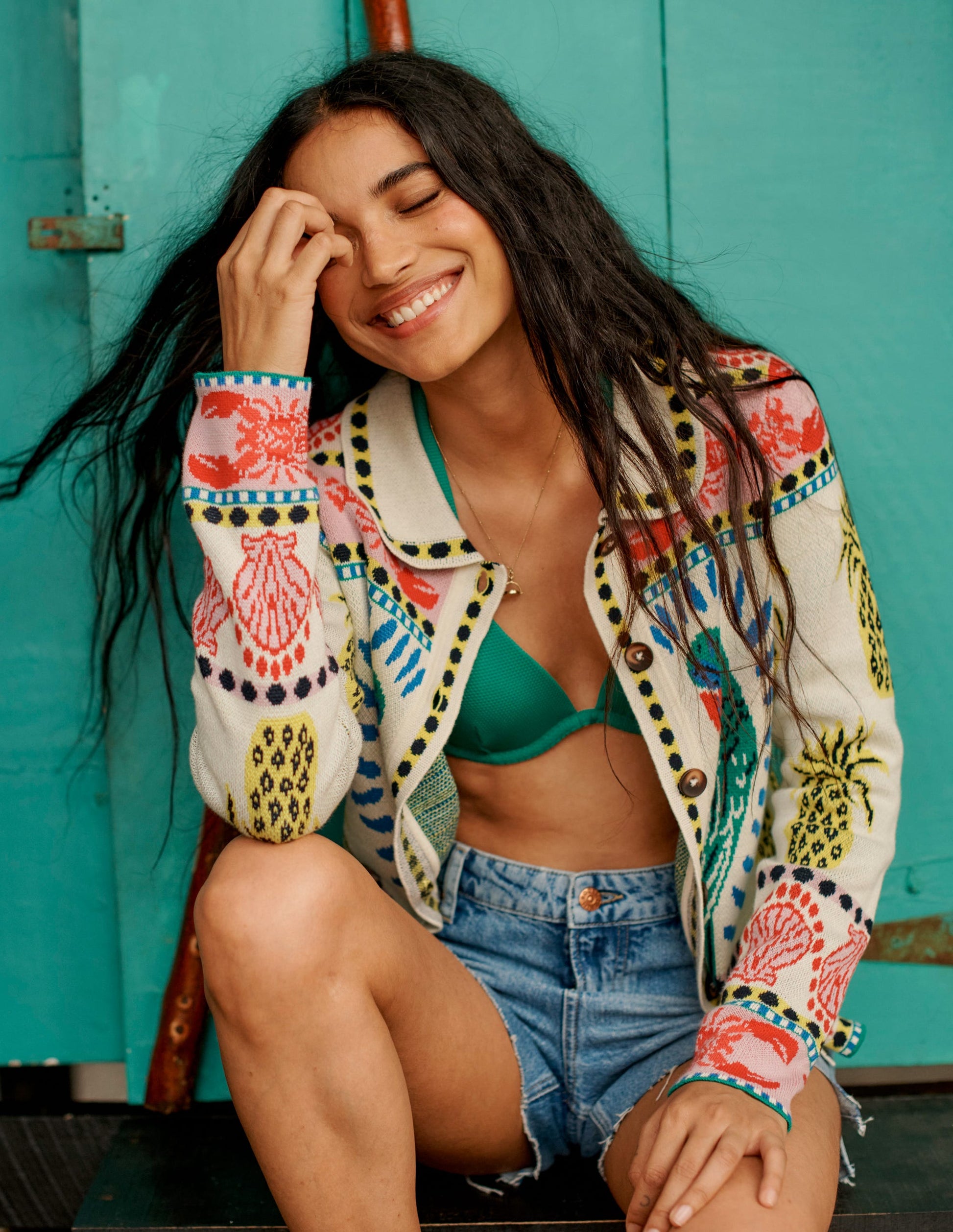 Jacquard Knitted Shacket-Warm Ivory, Tropical Bonanza-5