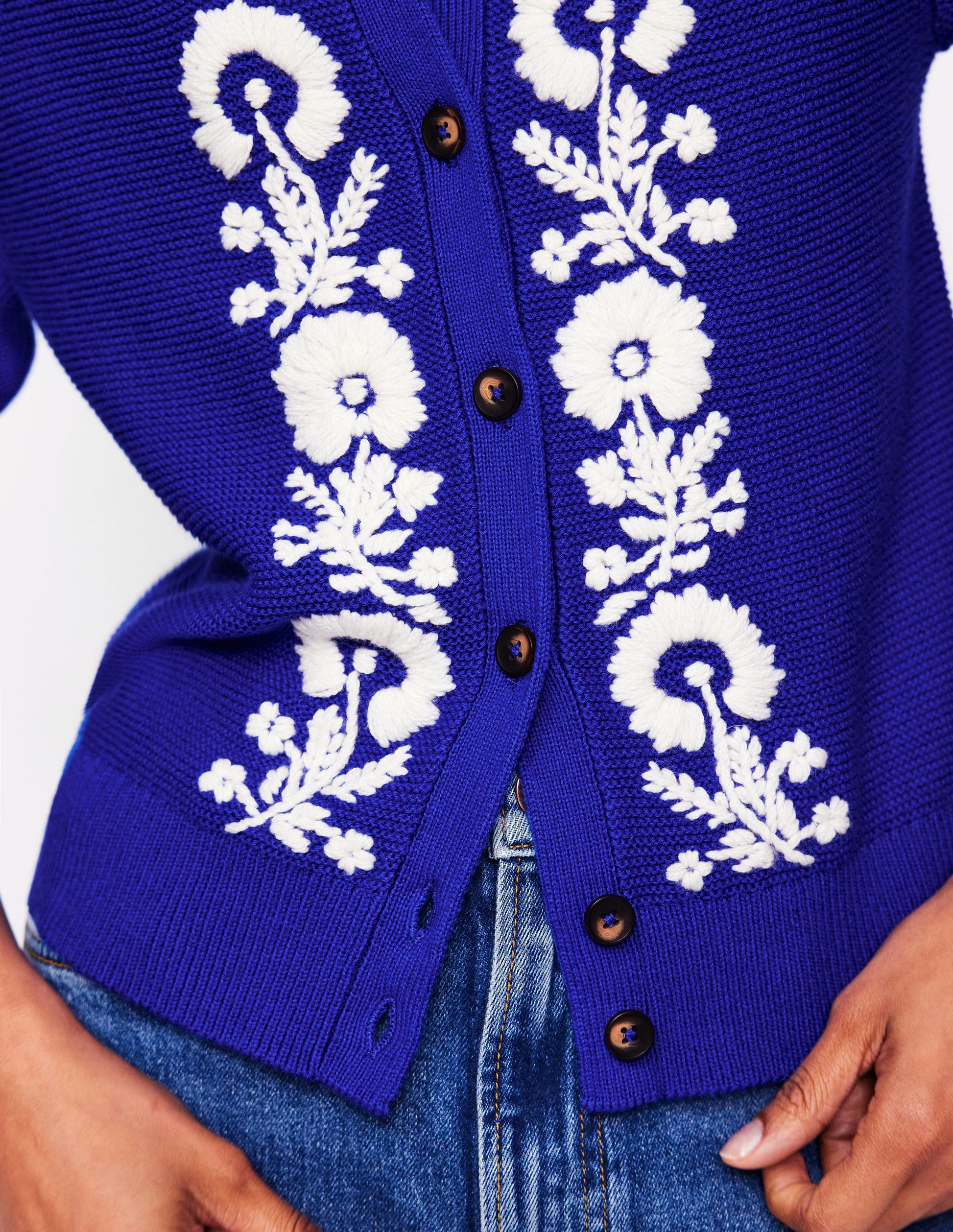 Embroidered T-Shirt Cardigan-Bright Blue, Flowers Boden Global