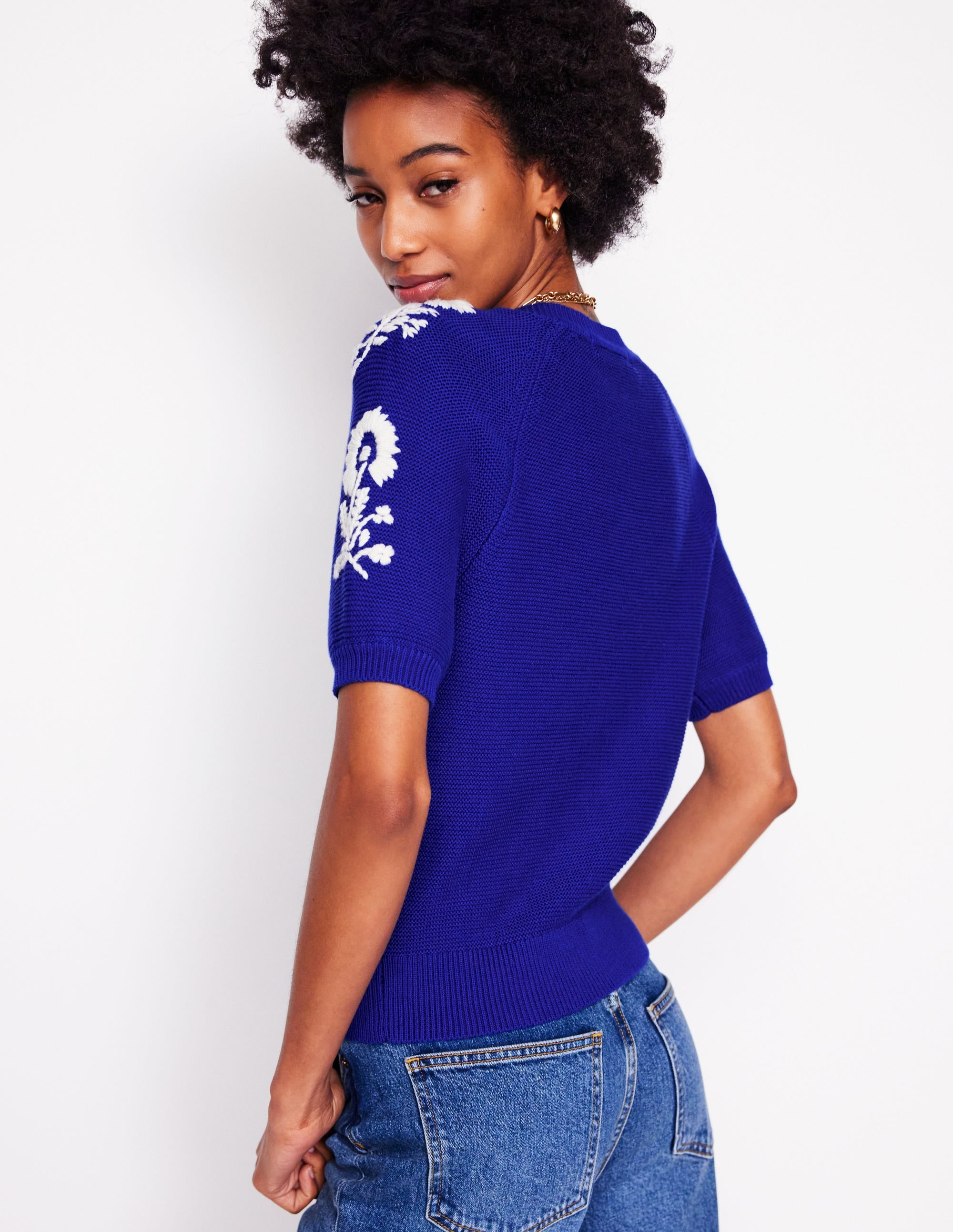 Embroidered T-Shirt Cardigan-Bright Blue, Flowers - Image 4