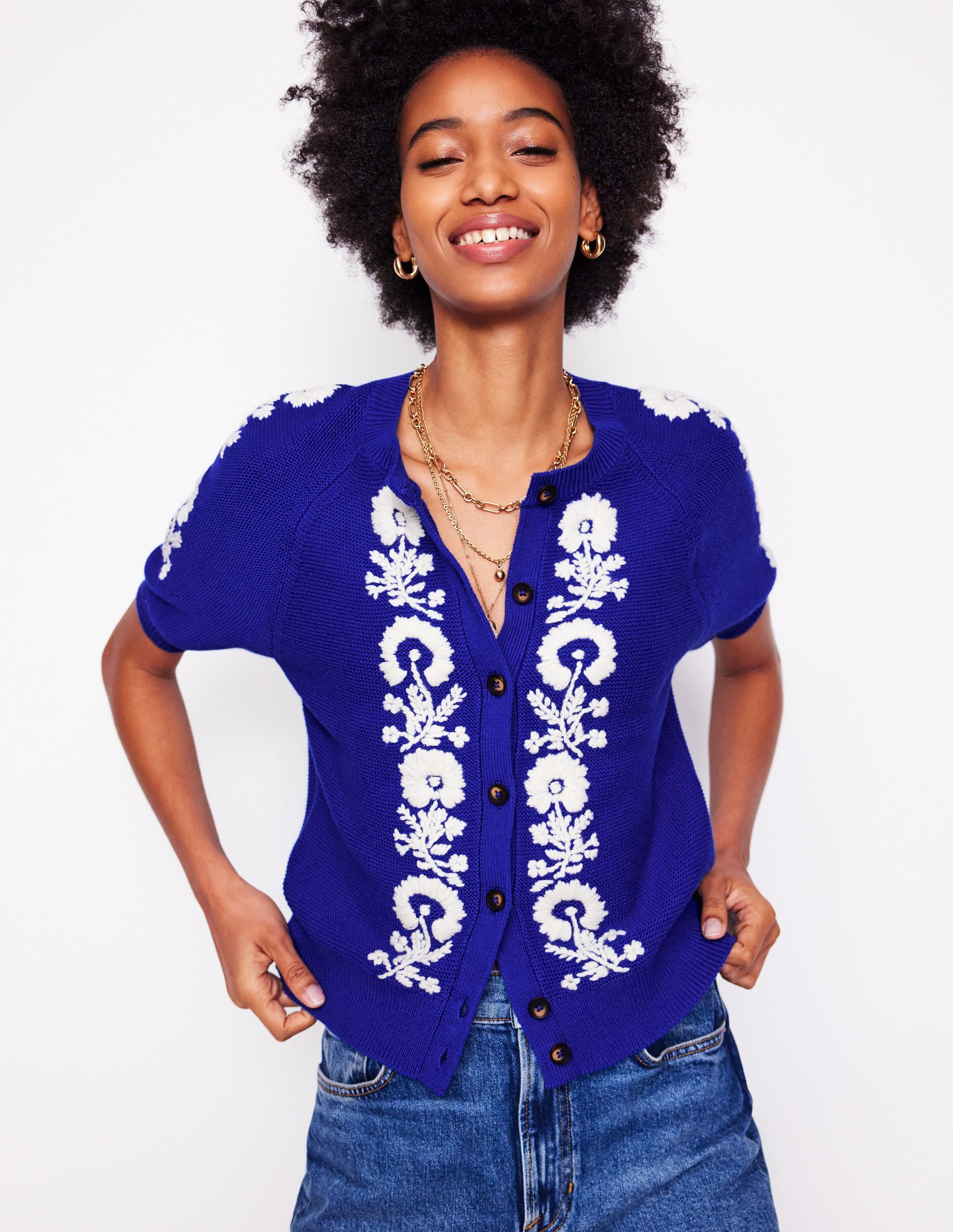 Embroidered T-Shirt Cardigan-Bright Blue, Flowers - Image 5