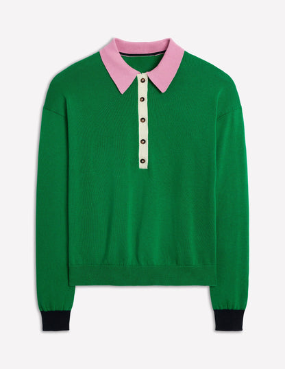 Lara Relaxed Cotton Henley Top-Rich Emerald Colour Block-5