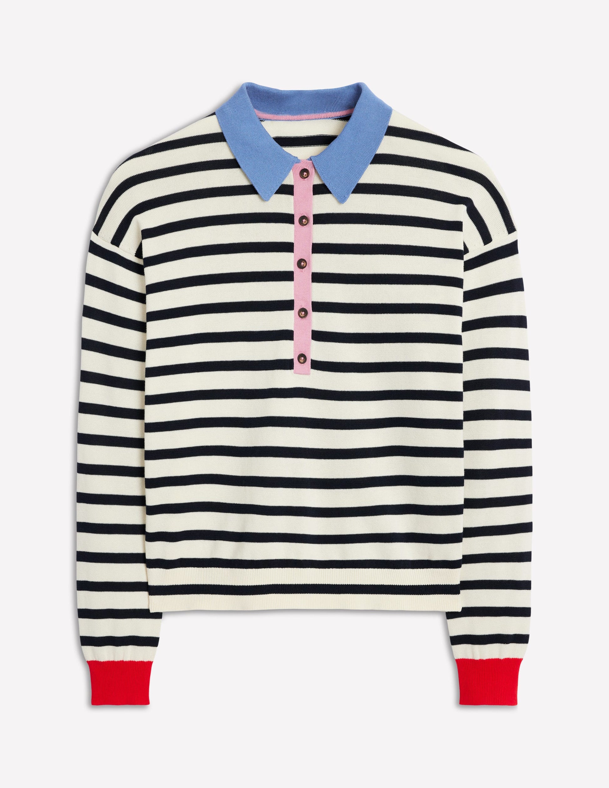 Lara Relaxed Cotton Henley Top-Navy, Warm Ivory Stripe-4